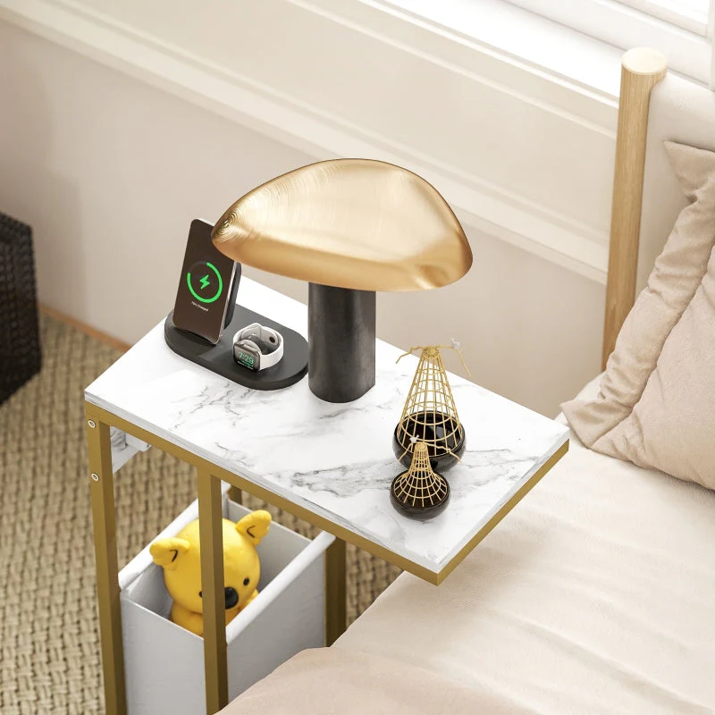 C Shaped Side Table Charging Station, Faux Marble Top - White