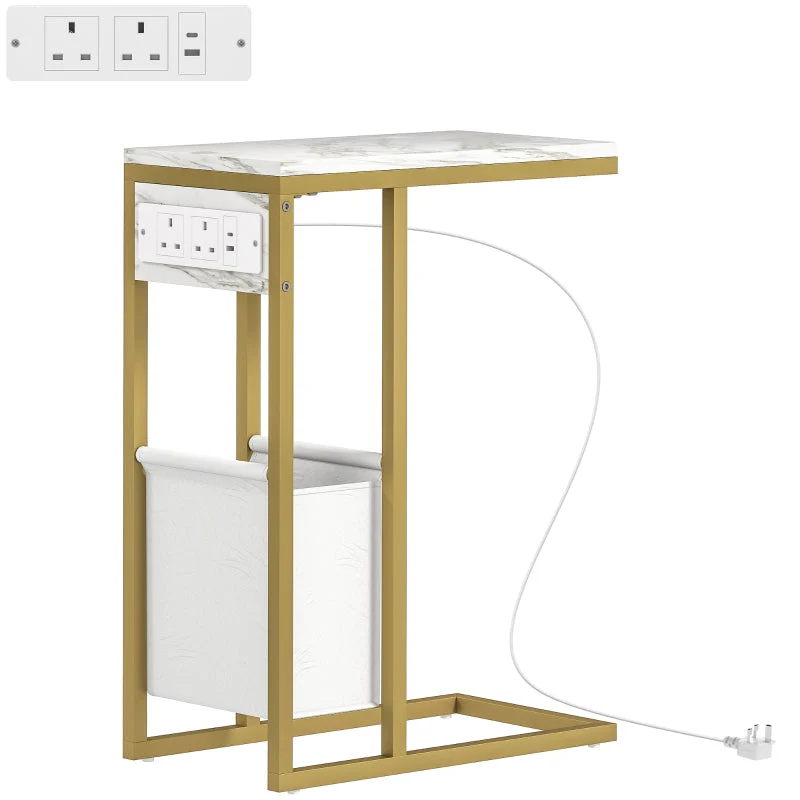 C Shaped Side Table Charging Station, Faux Marble Top - White - Image 2