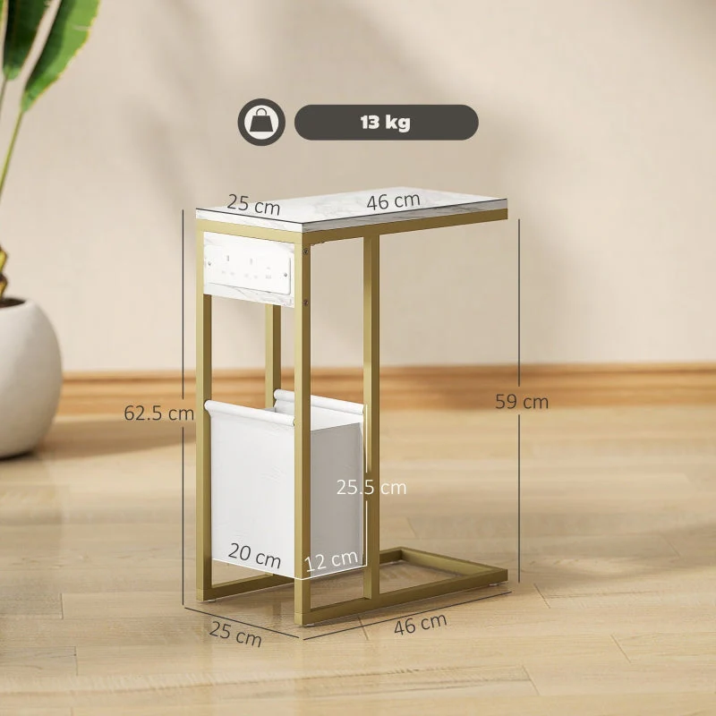 C Shaped Side Table Charging Station, Faux Marble Top - White - Image 3