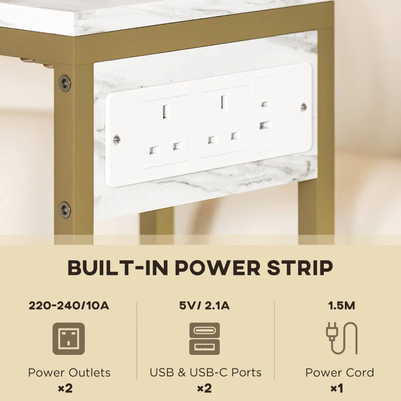 C Shaped Side Table Charging Station, Faux Marble Top - White - Image 4