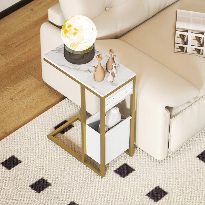 C Shaped Side Table Charging Station, Faux Marble Top - White - Image 6