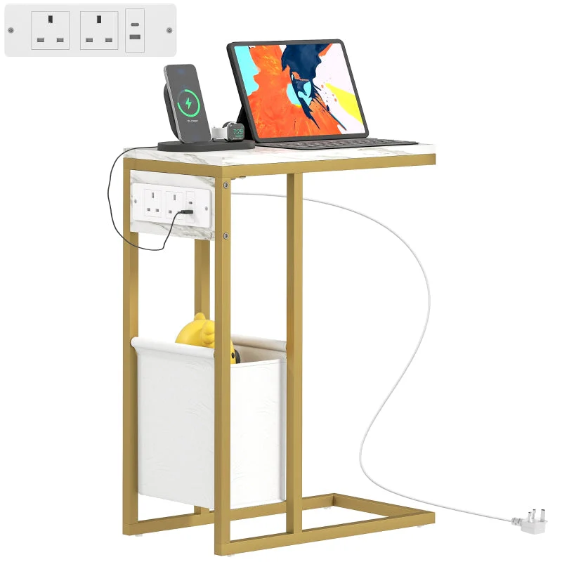 C Shaped Side Table Charging Station, Faux Marble Top - White - Image 7