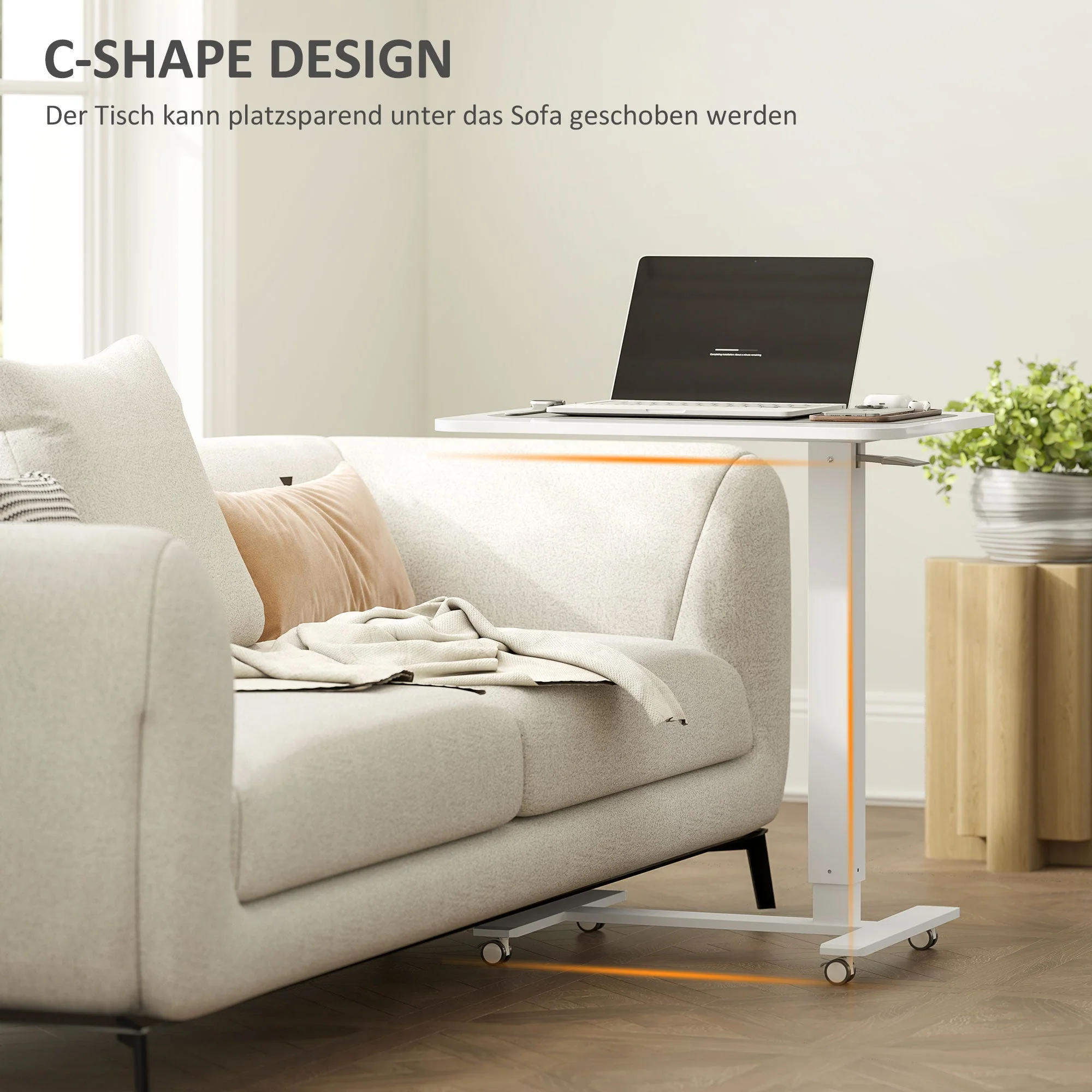 C-Shaped Sit-Stand Desk, Height-Adjustable with Wheels, White - Image 5