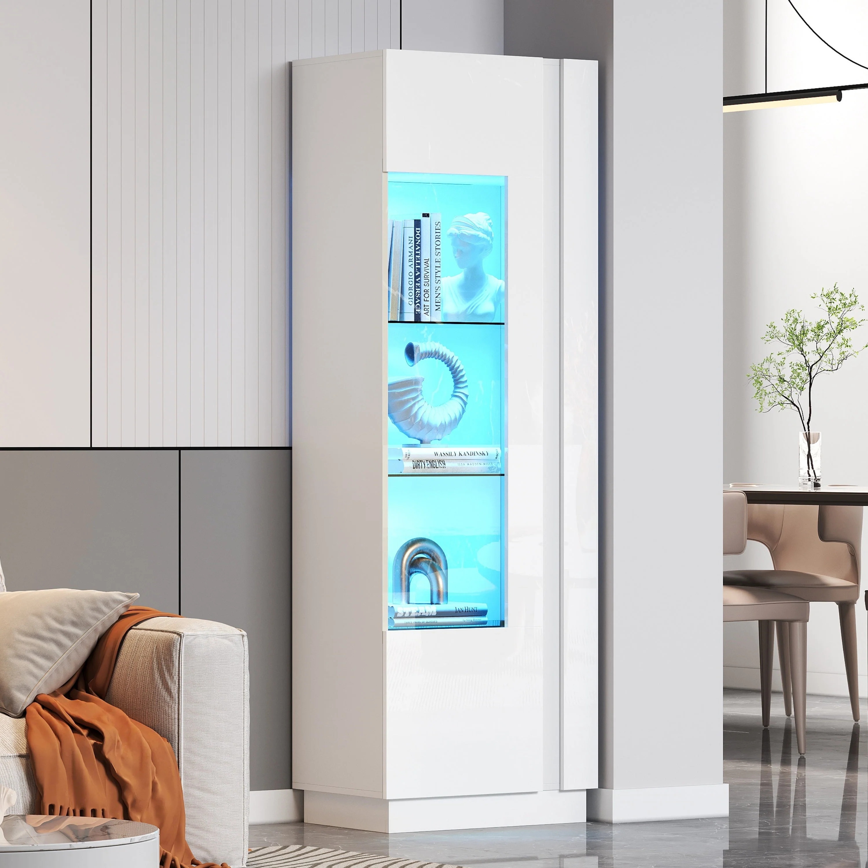 Cabinet, 60x40x180cm High-Gloss Display with LED Lighting, White Acrylic - Image 3