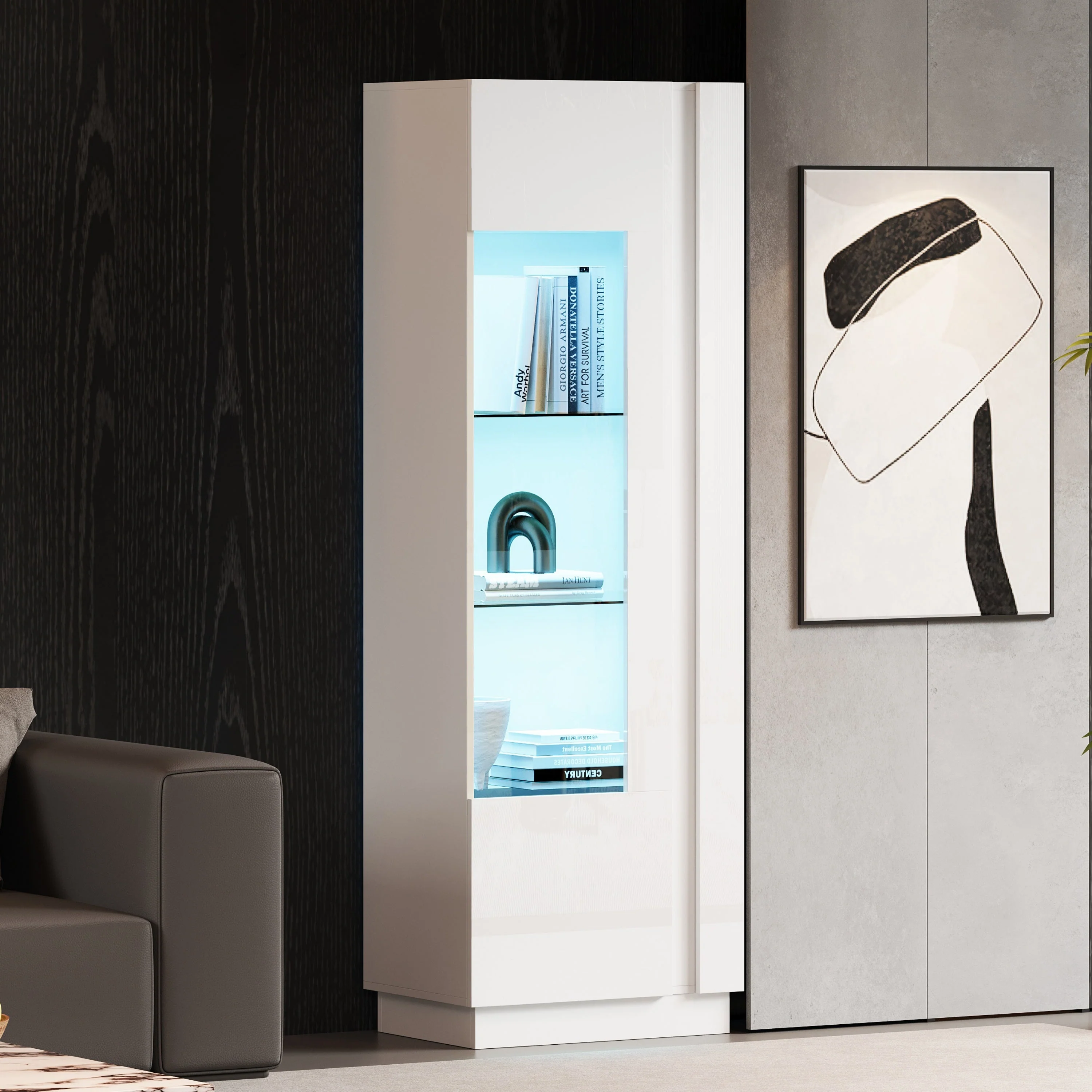 Cabinet, 60x40x180cm High-Gloss Display with LED Lighting, White Acrylic - Image 4