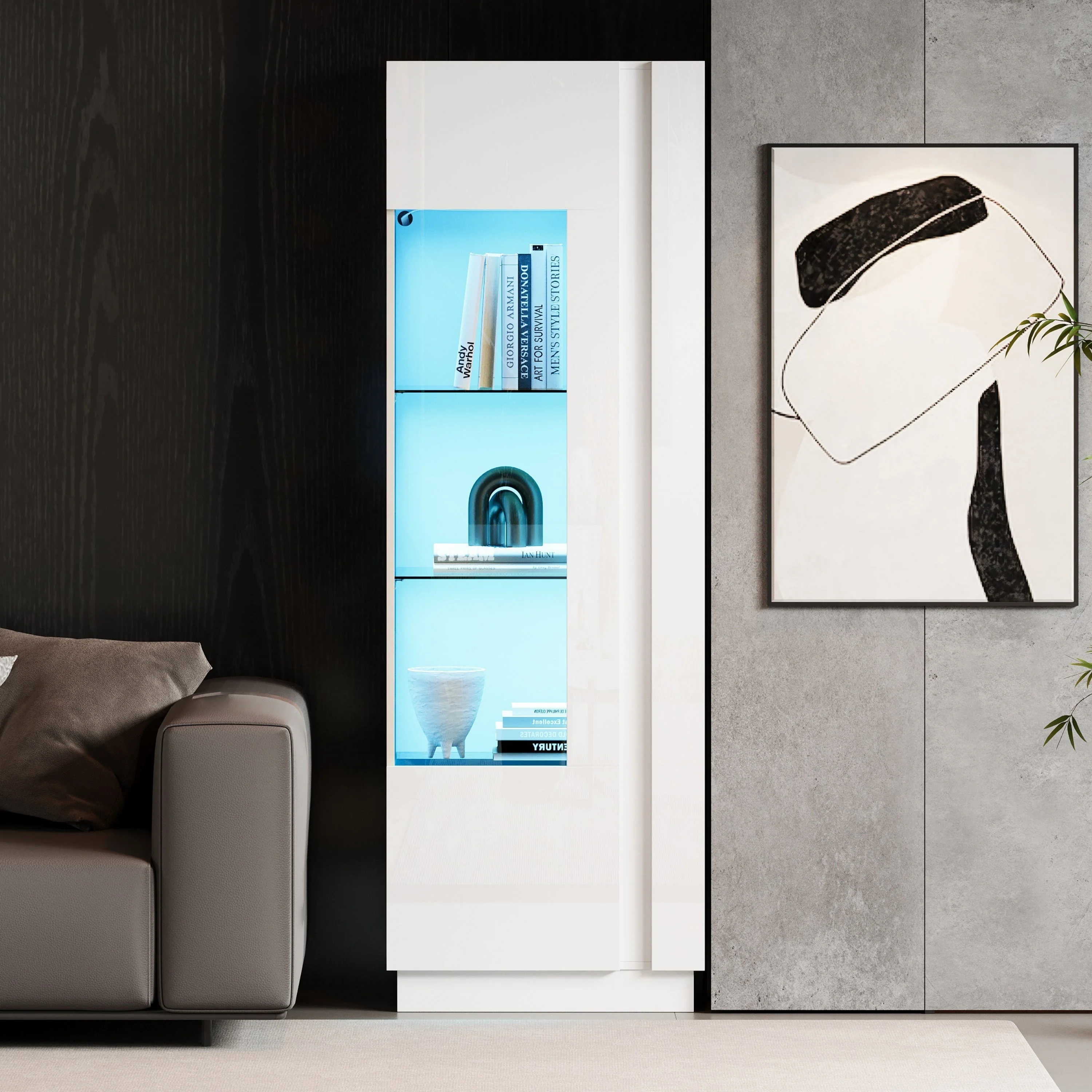 Cabinet, 60x40x180cm High-Gloss Display with LED Lighting, White Acrylic - Image 5