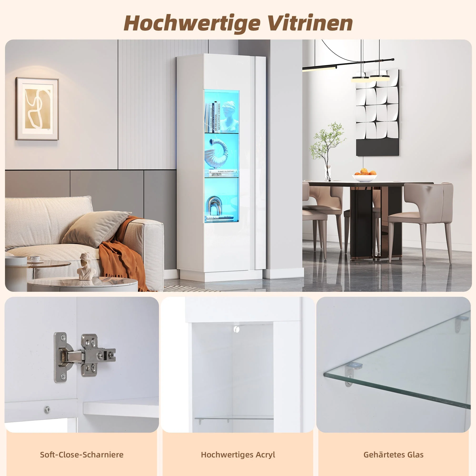 Cabinet, 60x40x180cm High-Gloss Display with LED Lighting, White Acrylic - Image 7