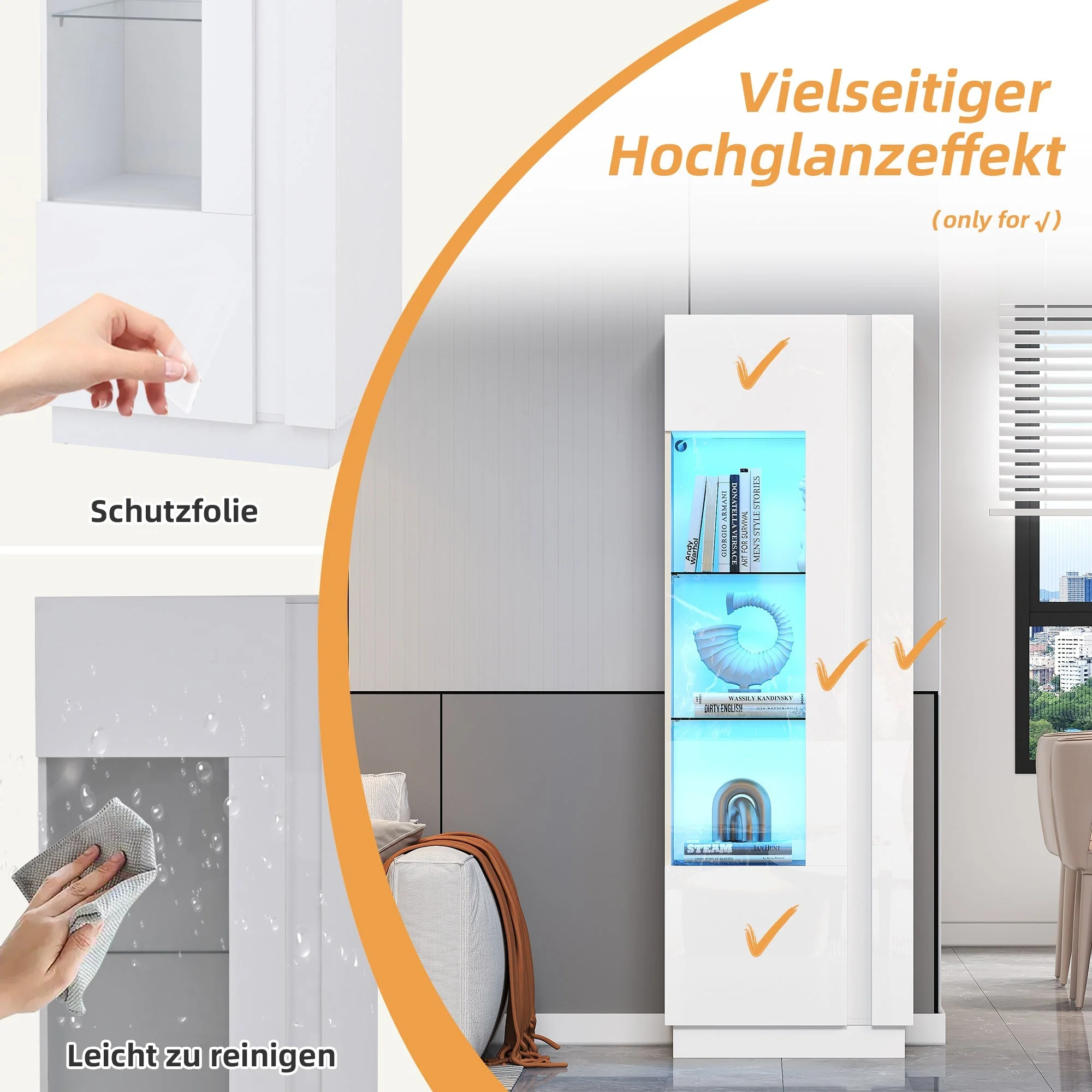 Cabinet, 60x40x180cm High-Gloss Display with LED Lighting, White Acrylic - Image 9