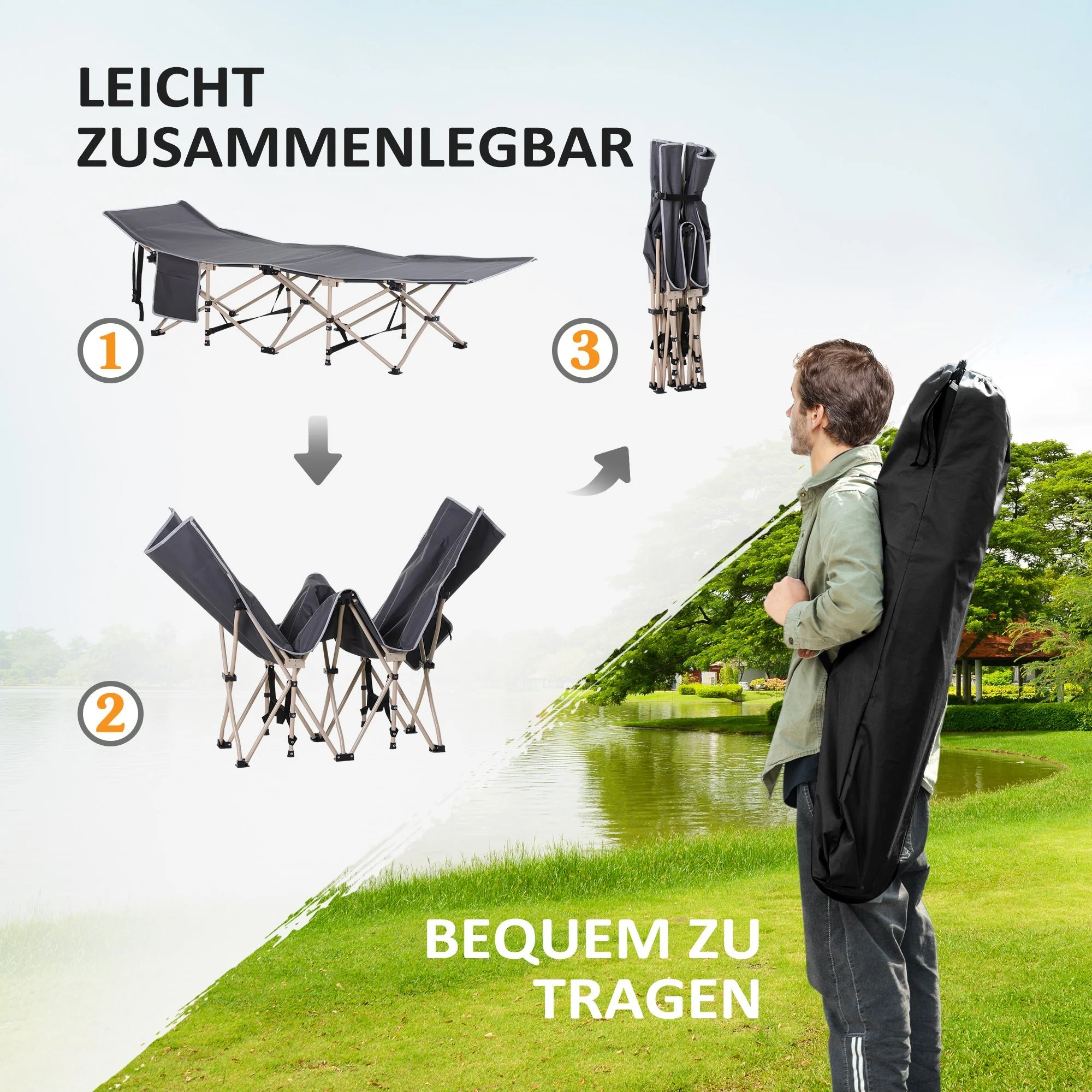 Camp Bed, Foldable Camping Lounger with Carry Bag, Steel Oxford Grey - Image 4