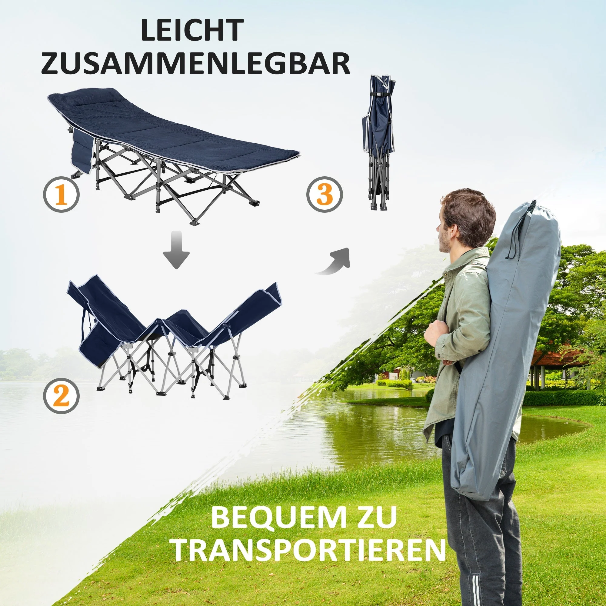 Camping Bed, Foldable with Pillow, Side Pocket, 150 kg Capacity, Oxford Dark Blue - Image 6