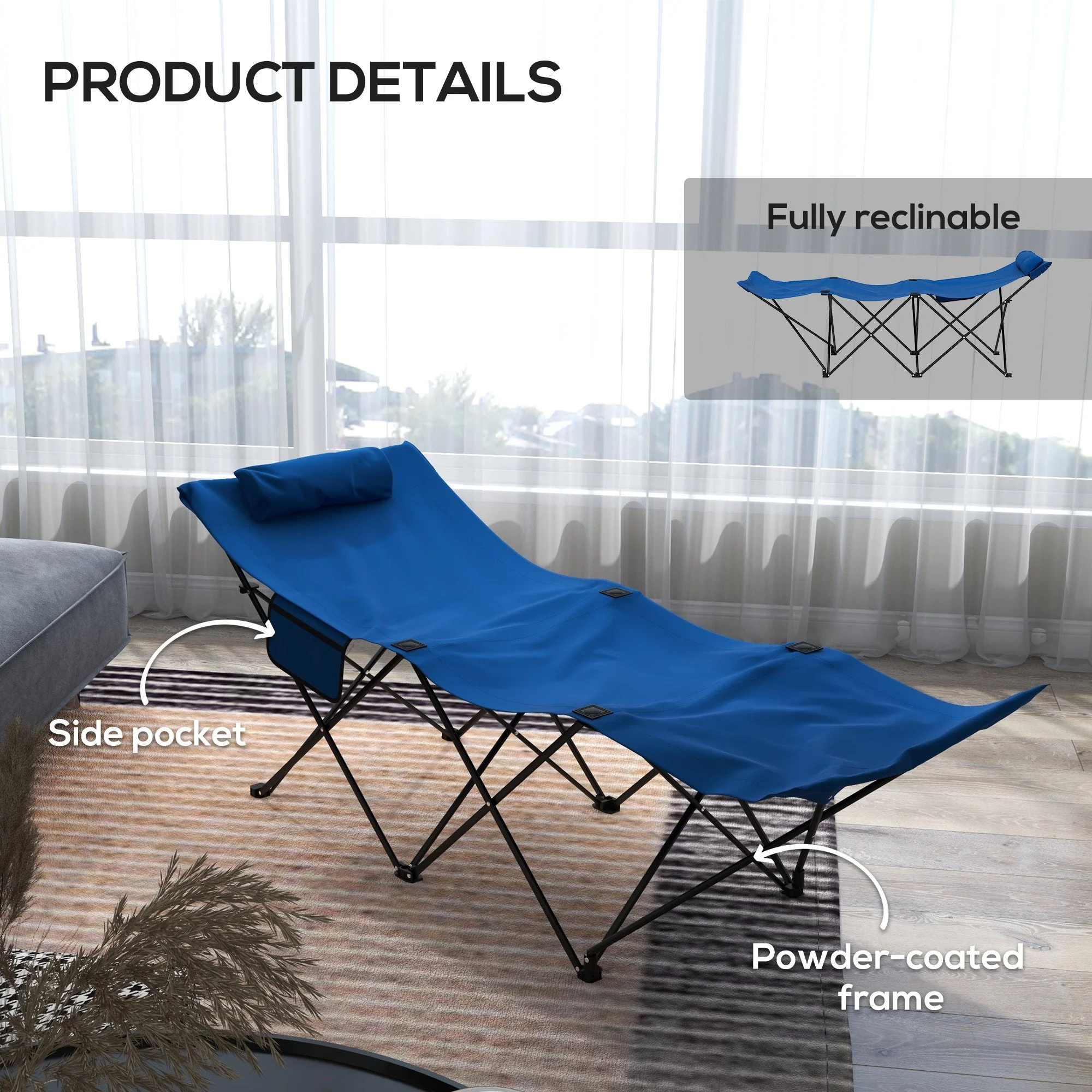 Camping Bed Single Folding Cot w/ Side Pocket, Headrest, Oxford Seat Dark Blue - Image 6