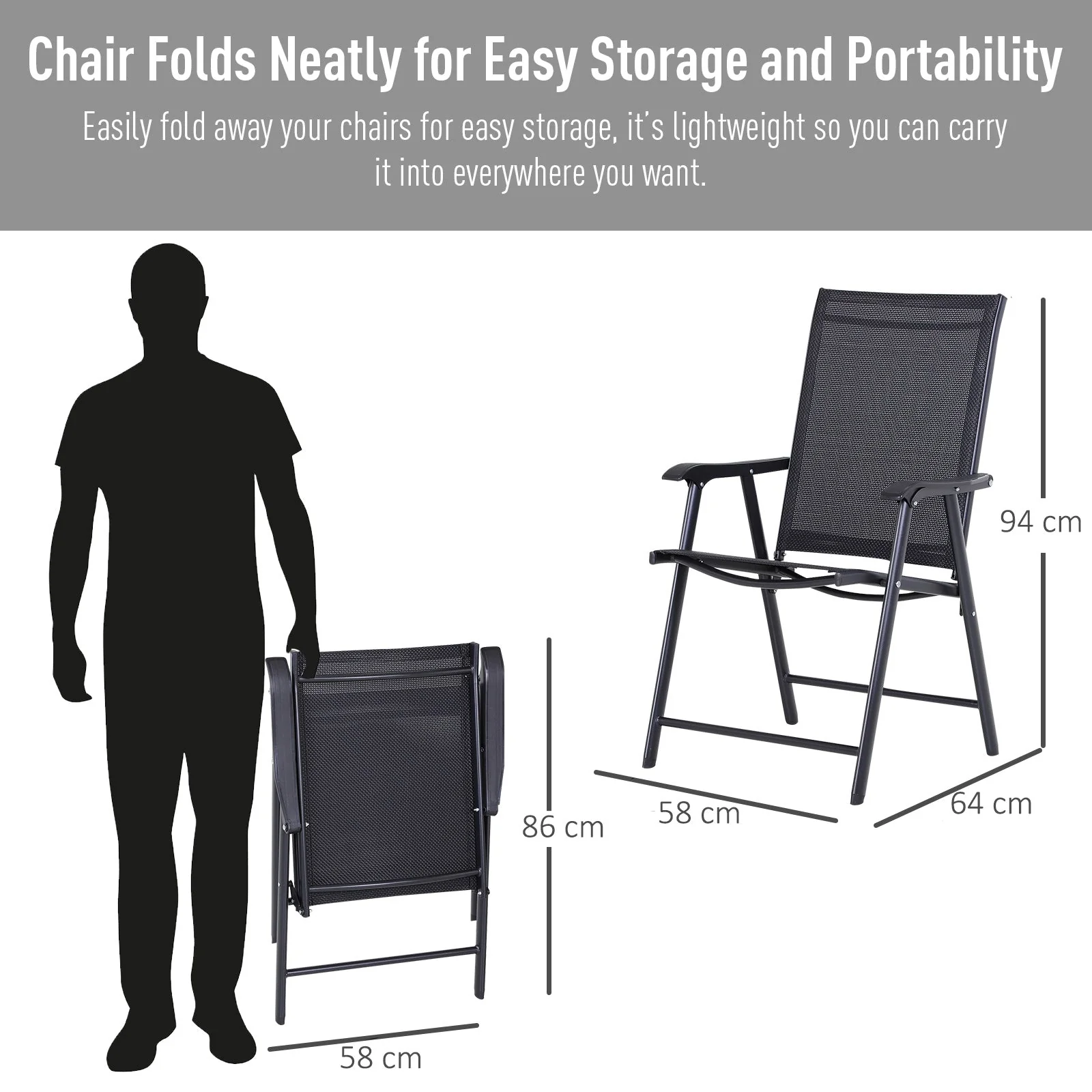 Camping Chairs Folding with Armrests, Metal Black - Image 5