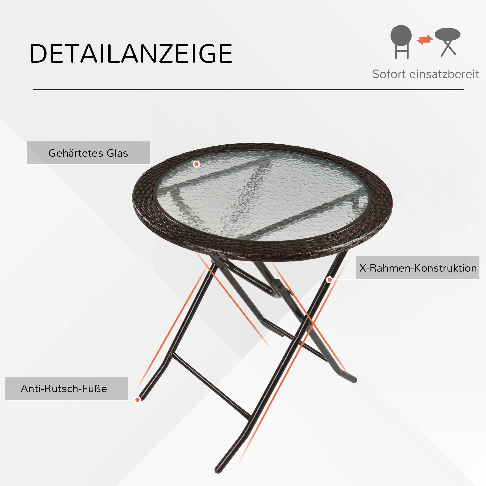 Camping Table Folding Round Ø68cm Rattan Steel - Image 4