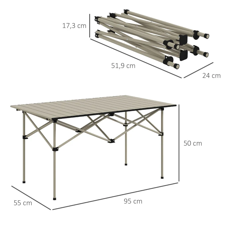 Camping Table Folding Table with Roll-Up Top, X-Frame, Lightweight 2-Person, 95 x 55 cm, Aluminum Khaki - Image 3