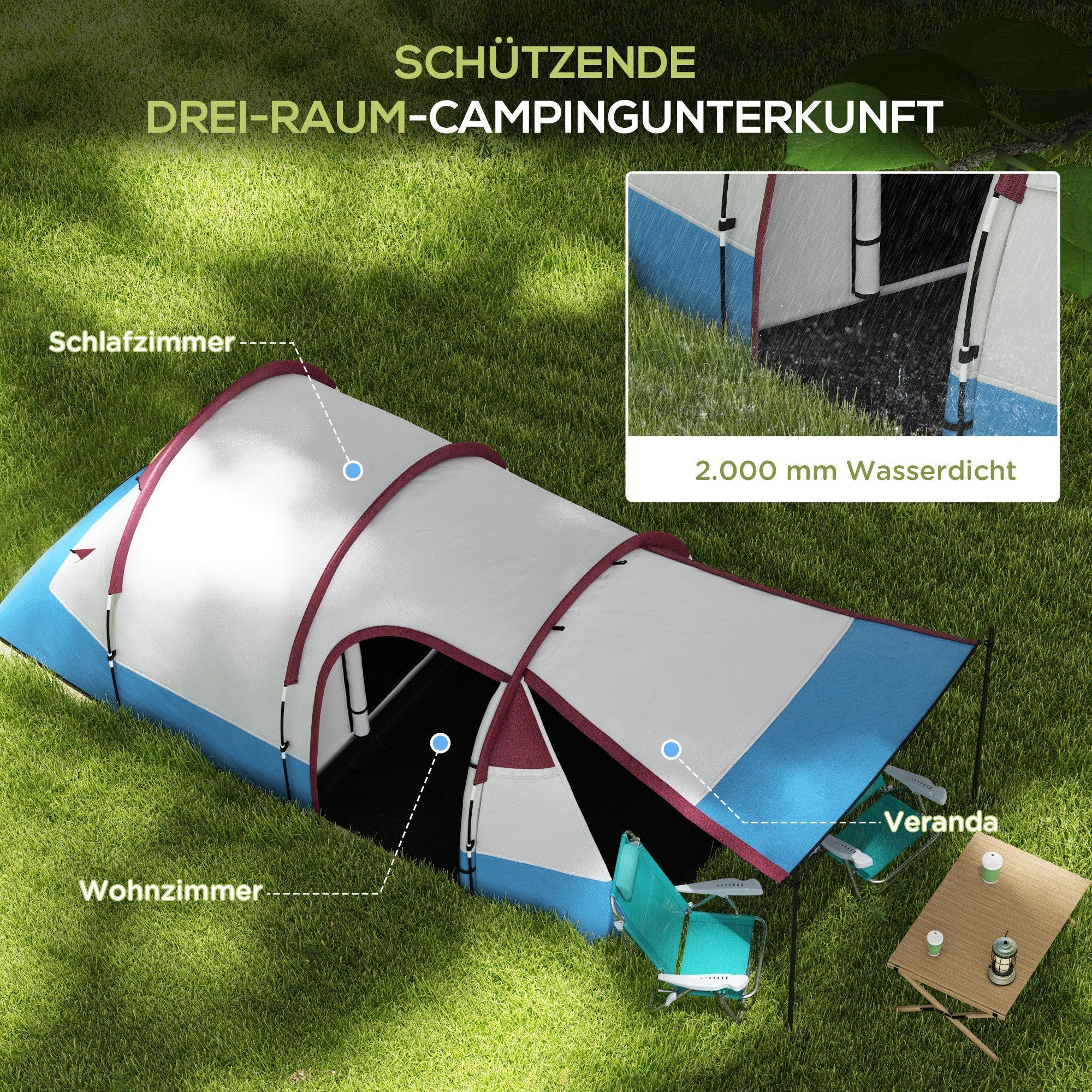 Camping Tent, 3 Person Tunnel, Light Hook & 2 Rooms, Red - Image 4