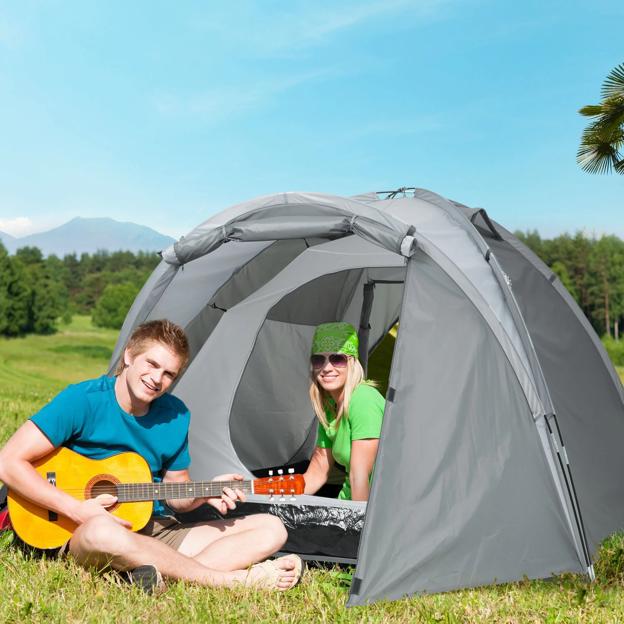 Camping Tent, Dome, 2-3 Person, Weatherproof, Grey - Image 2