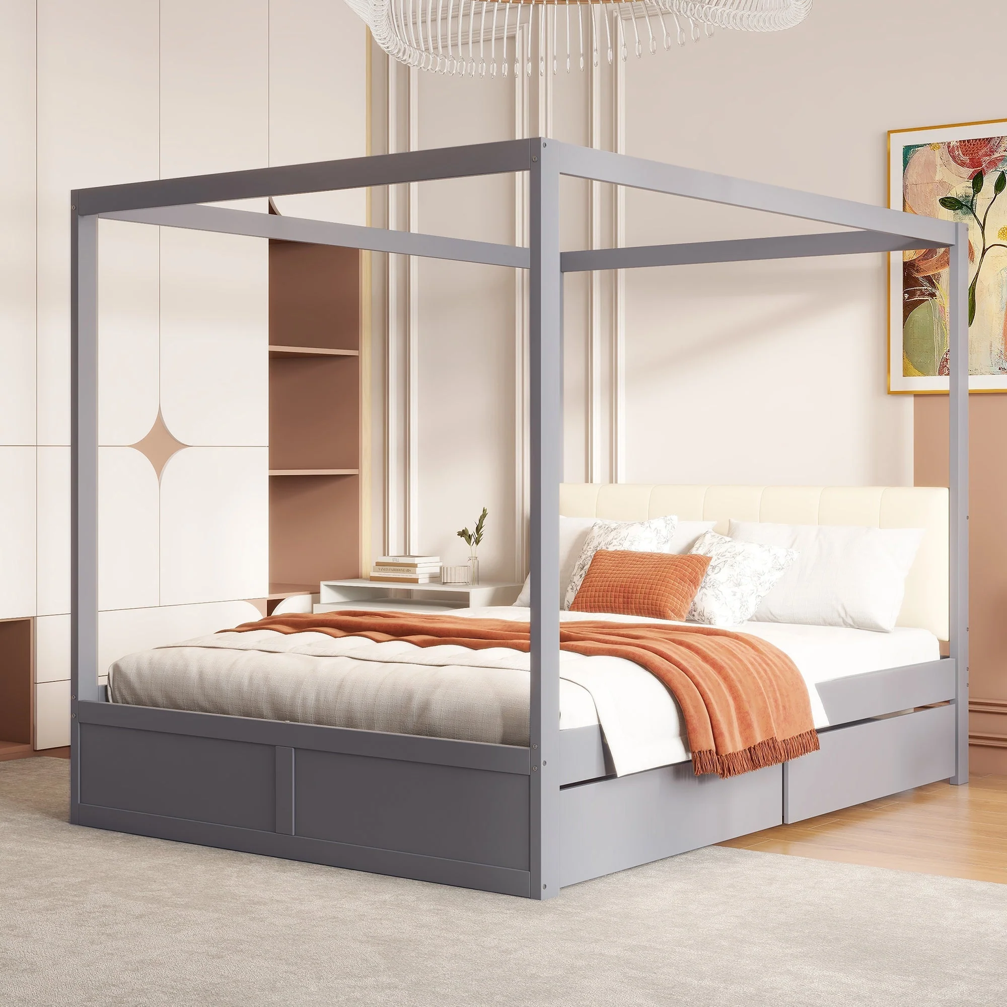 Canopy Bed 140x200cm Large Drawers Soft Headboard, Wooden Grey - Image 2
