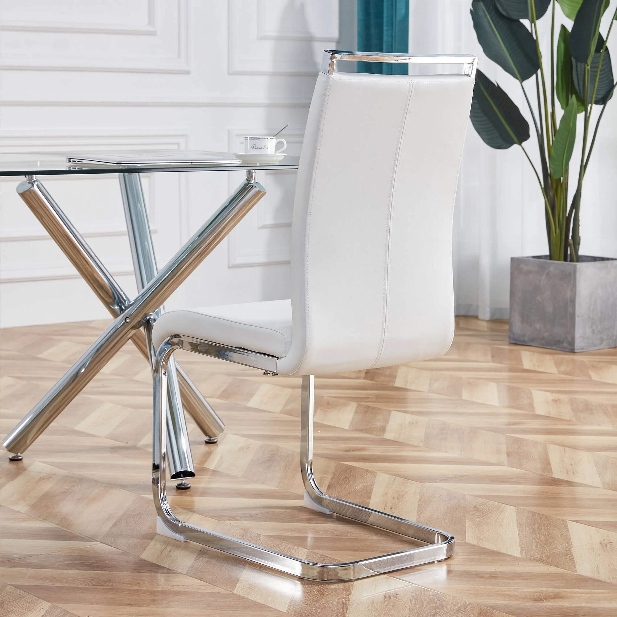 Cantilever Chair Set of 4 Chrome-Plated 120kg Faux Leather White - Image 7