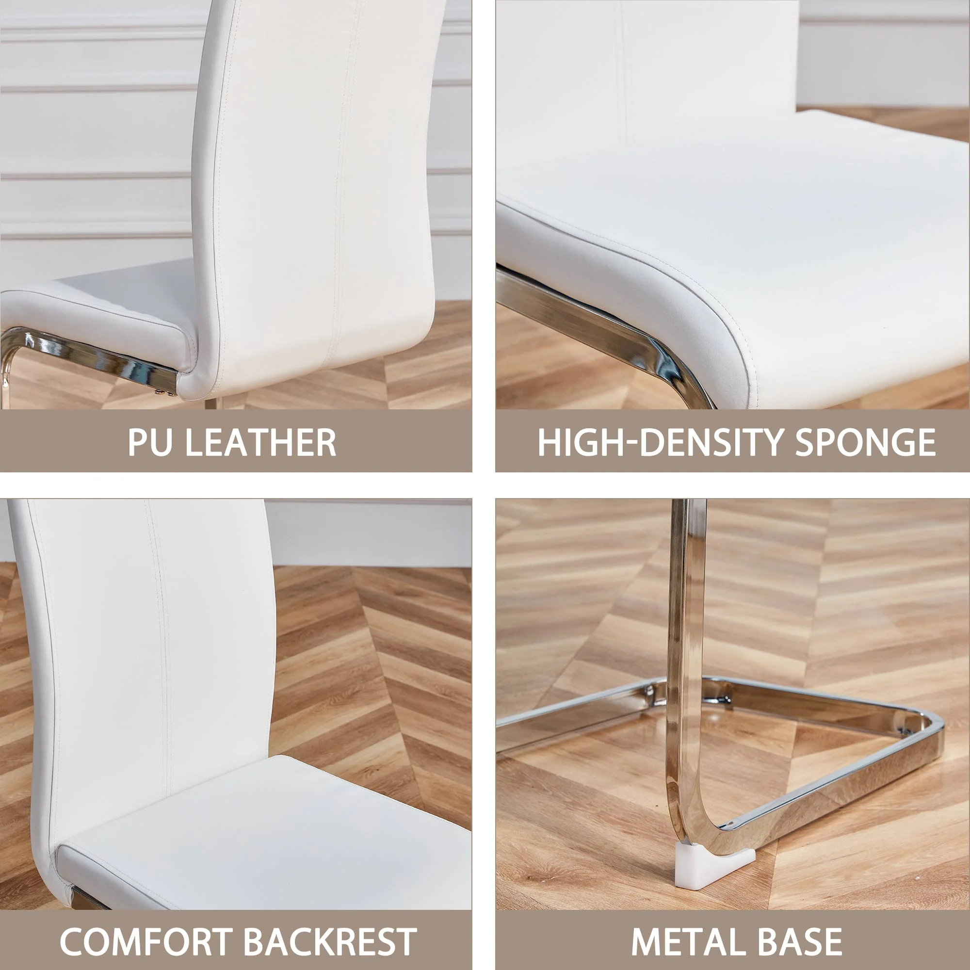 Cantilever Chair Set of 4 Chrome-Plated 120kg Faux Leather White - Image 8