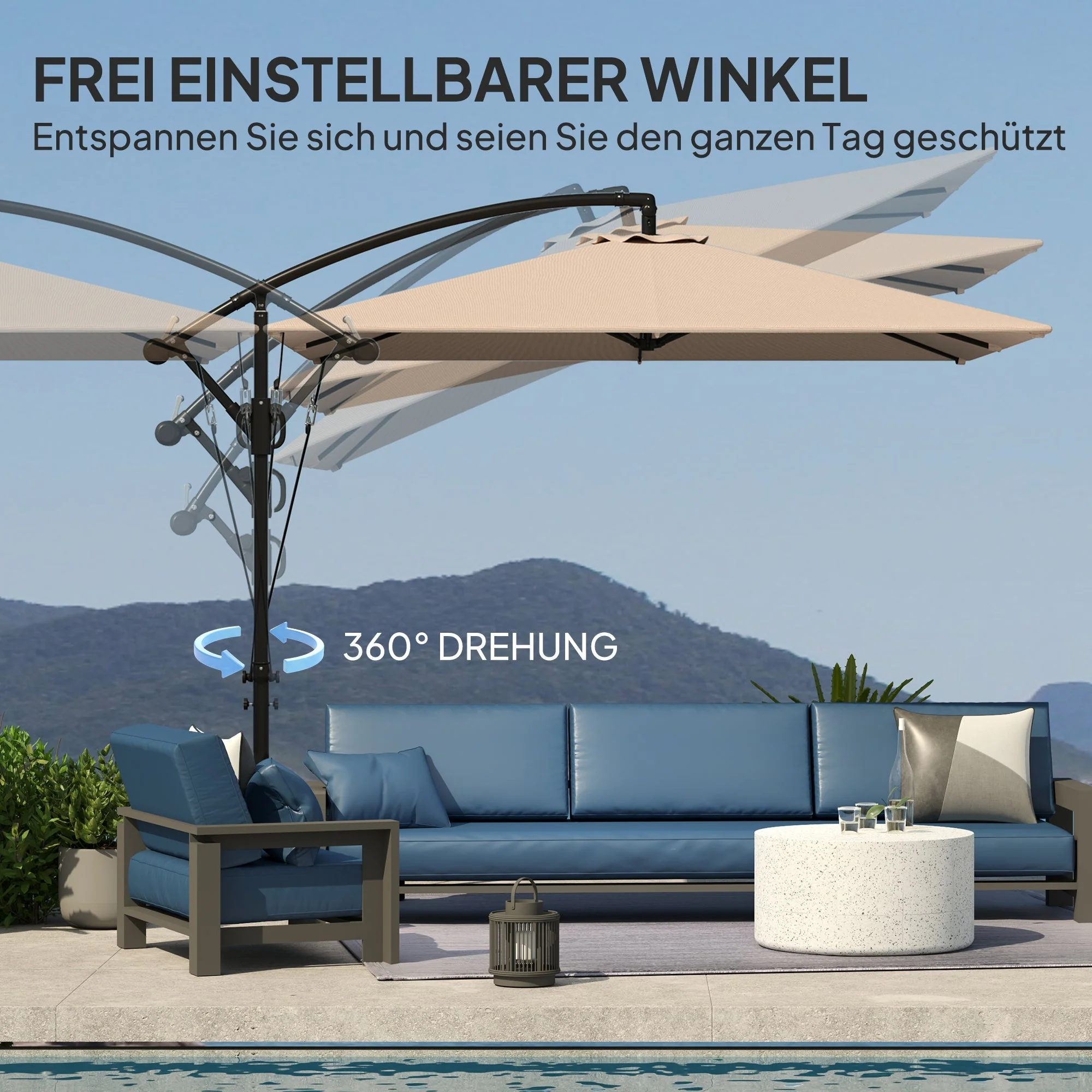Cantilever Parasol Ø260 cm UV 50+ Water-Repellent Tiltable with Crank & Stand, Khaki - Image 6