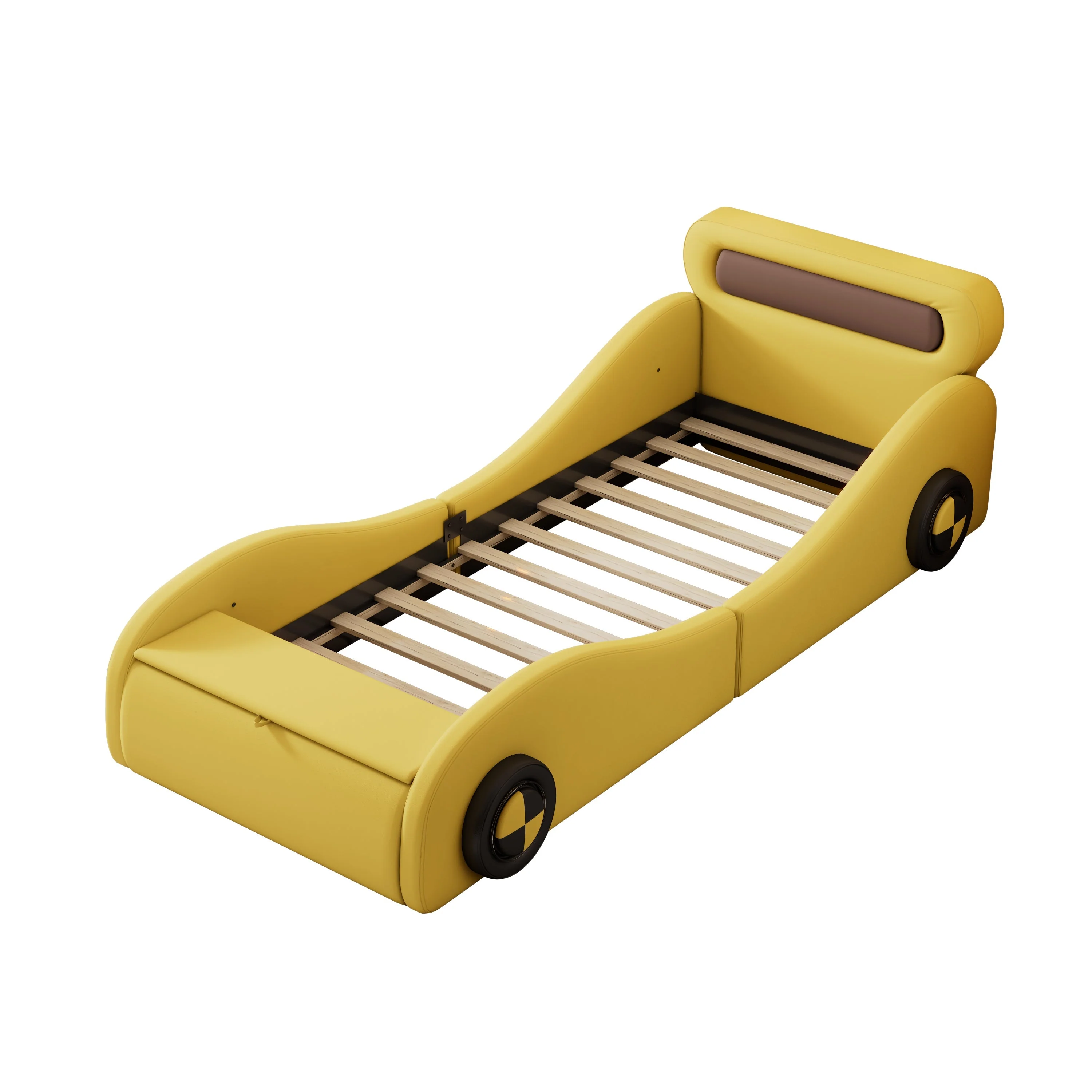 Car-Shaped Upholstered Bed with Light-Up Wheels and Storage, 90x200cm, Yellow PU - Image 8