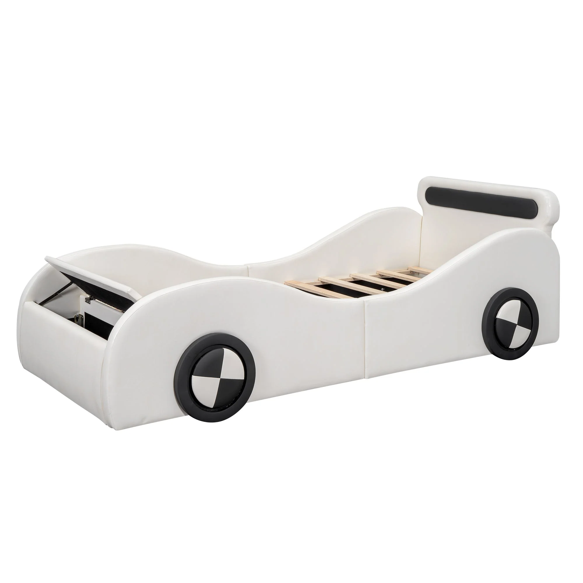Car Shaped Upholstered Bed with Light-up Wheels and Storage, White PU - Image 10