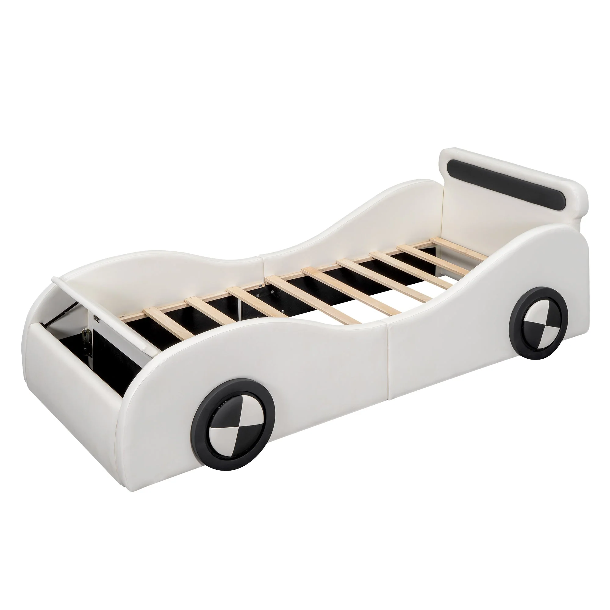 Car Shaped Upholstered Bed with Light-up Wheels and Storage, White PU - Image 8