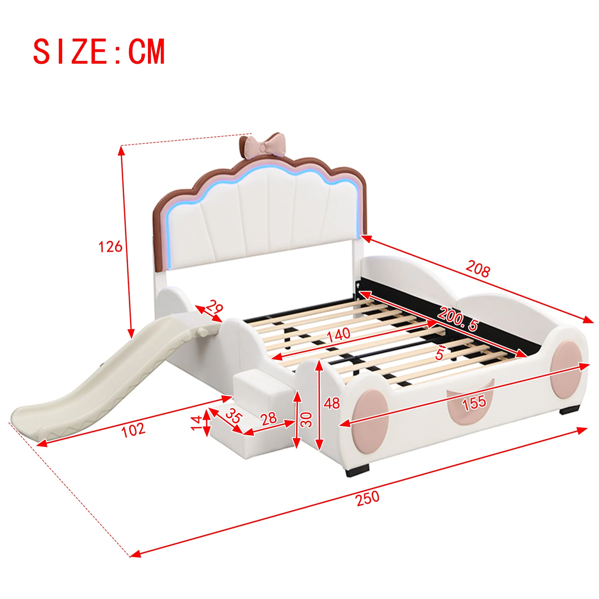 Cartoon Butterfly Bed 140x200cm LED Light Slide Ladder - Pink/White PU - Image 7