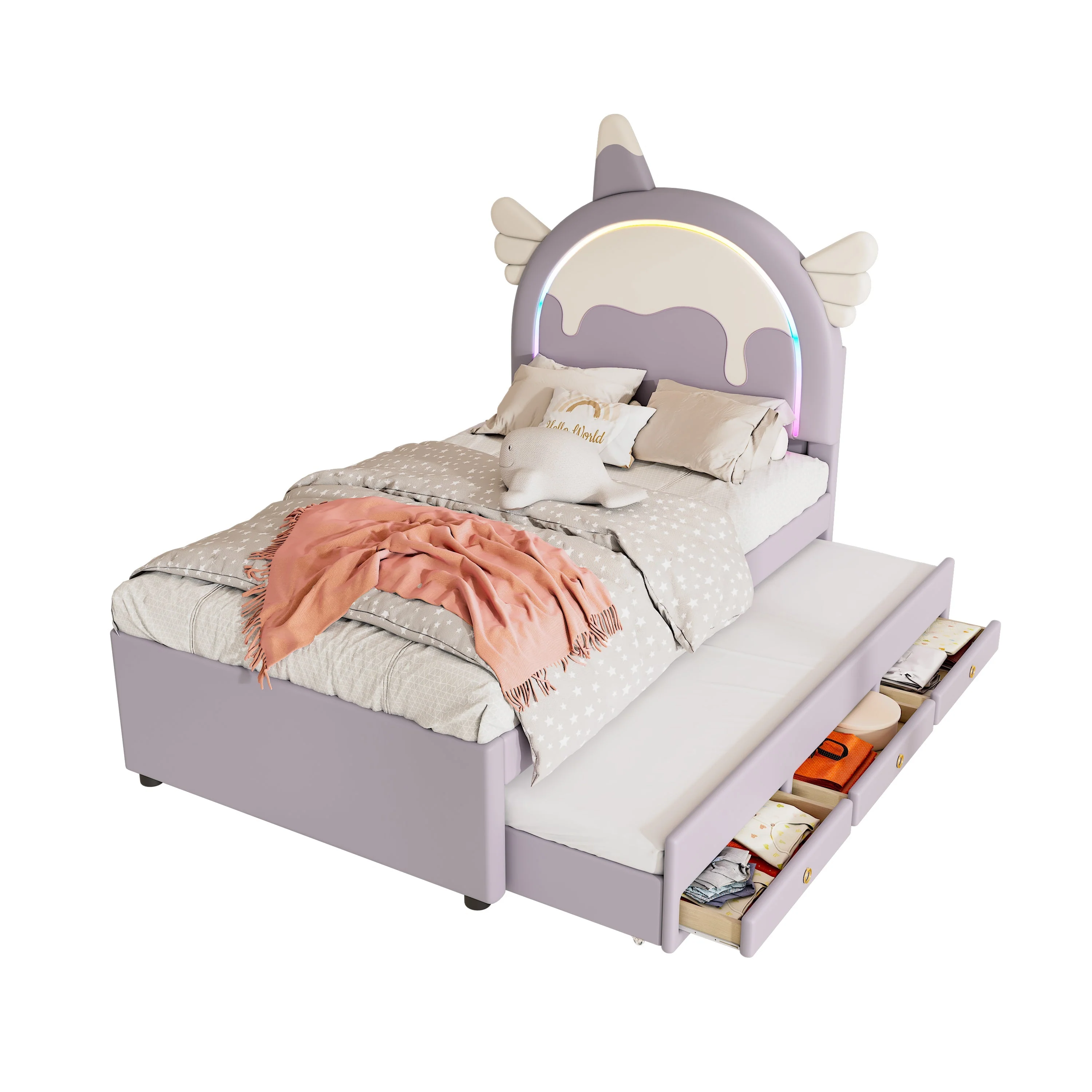 Cartoon Children's Bed 90x200cm Unicorn Extendable Rollaway - PU Violet - Image 5