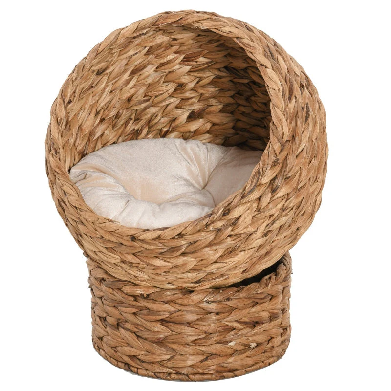 Cat Basket, Cave Hut Bed with Cushion, Water Hyacinth Brown - Image 2