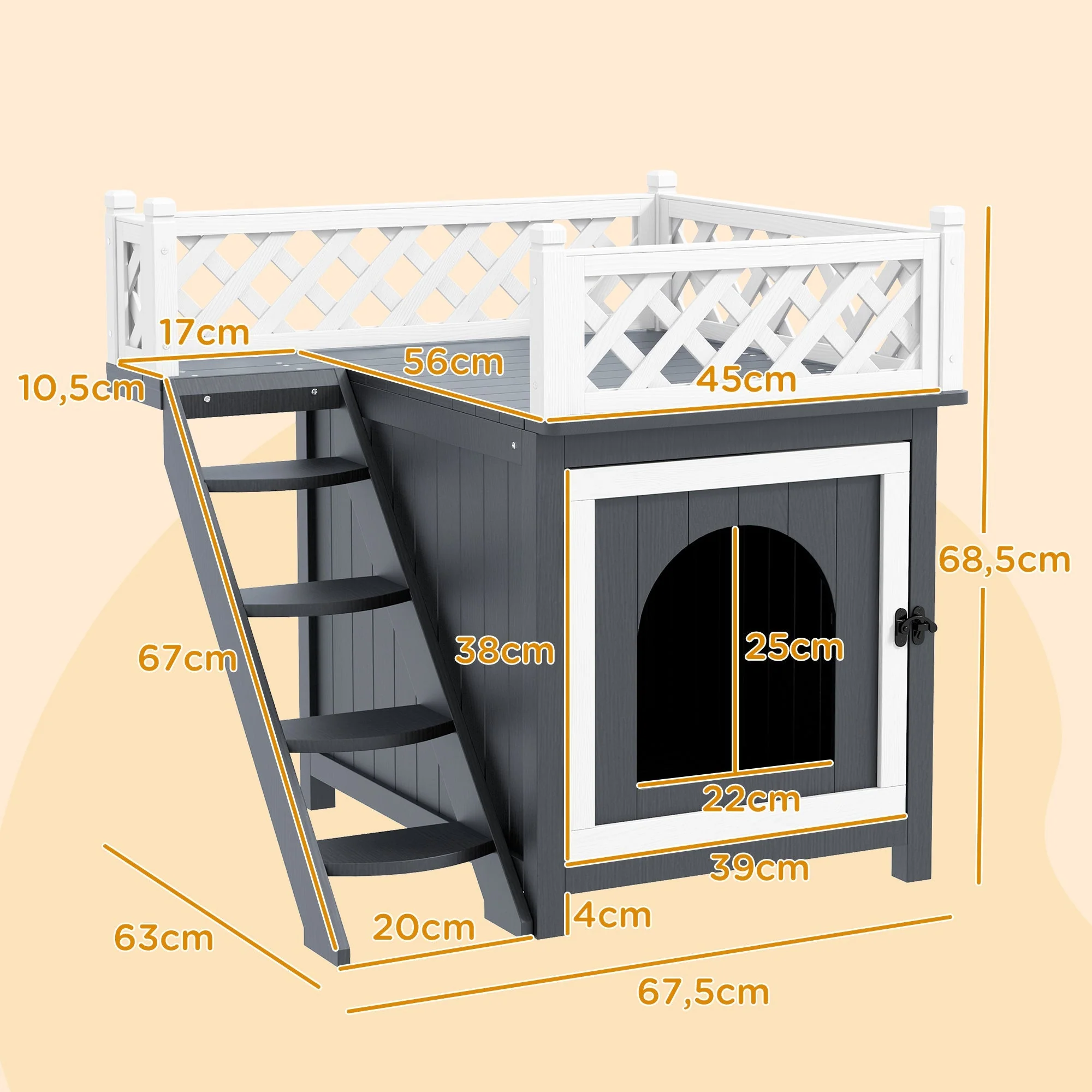 Cat Cave, Hut with Balcony & Stairs, Fir Wood, Grey - Image 3