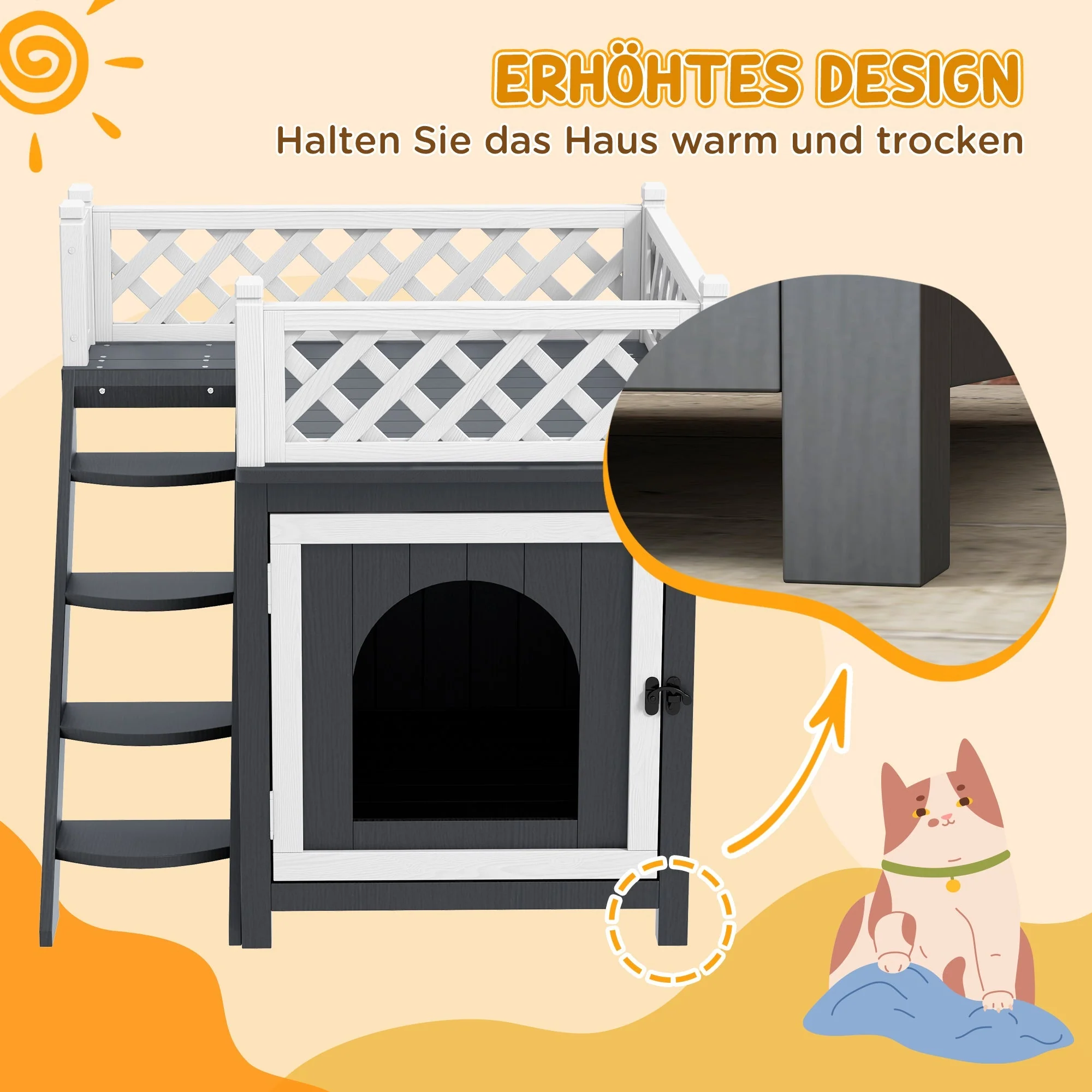 Cat Cave, Hut with Balcony & Stairs, Fir Wood, Grey - Image 5