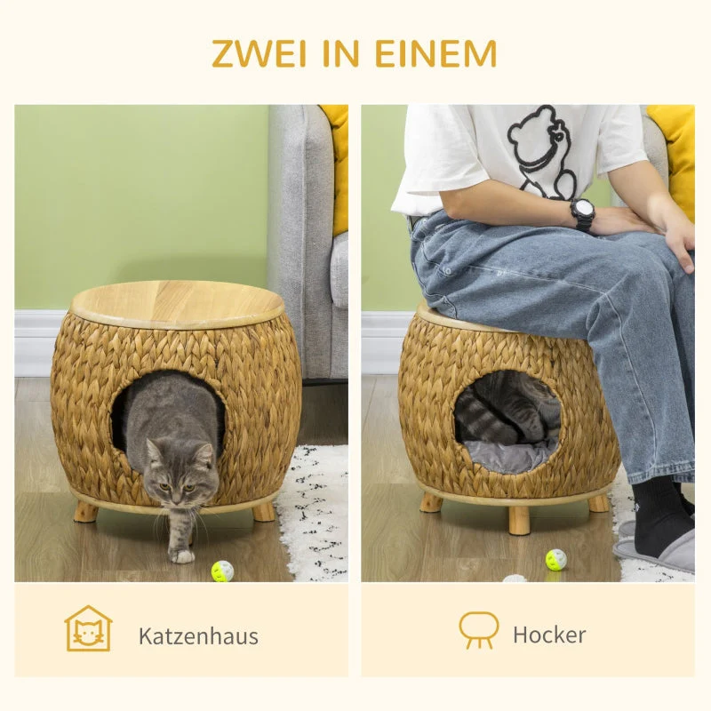 Cat Cave, Water Hyacinth Grass with Washable Cushion, Light Brown + Natural Wood + Grey - Image 4