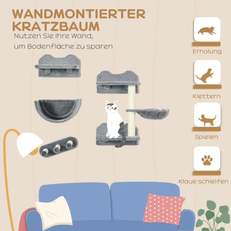 Cat Climbing Wall - 4 Pcs., Scratching Post, Cat Stairs, Hammock, Jumping Platform, Wood - Image 4