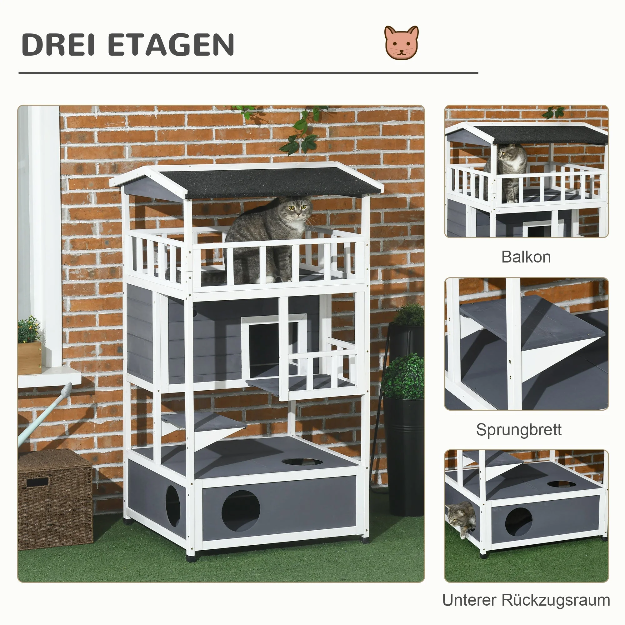 Cat House, 4-Story Balcony Stairs, Solid Wood, Gray - Image 4