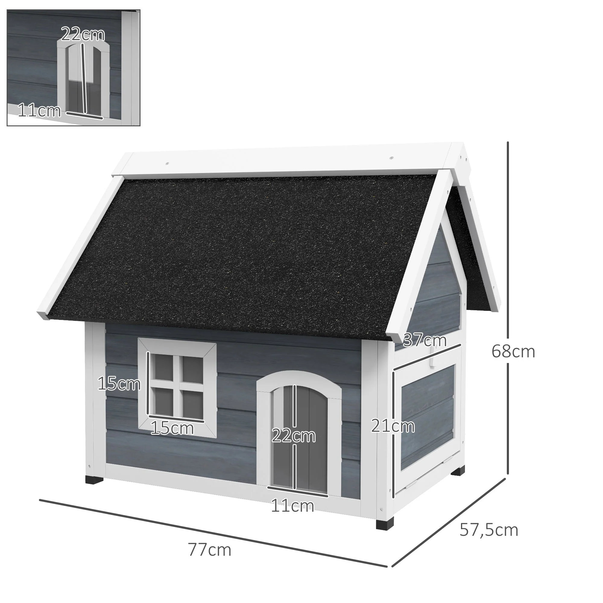 Cat House/Cave, Weatherproof Wooden with Hinged Roof, 3 Doors, Grey - Image 3
