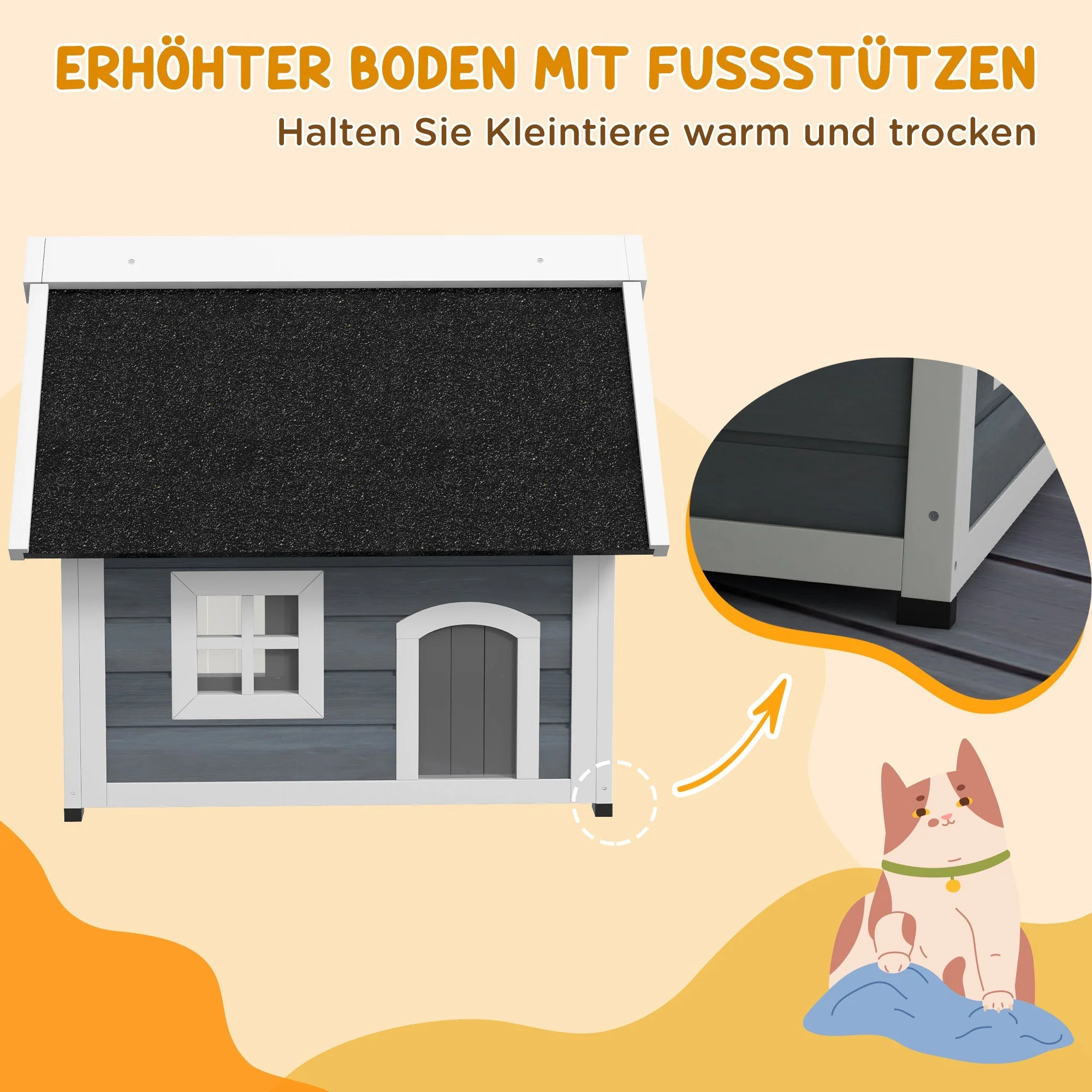 Cat House/Cave, Weatherproof Wooden with Hinged Roof, 3 Doors, Grey - Image 7
