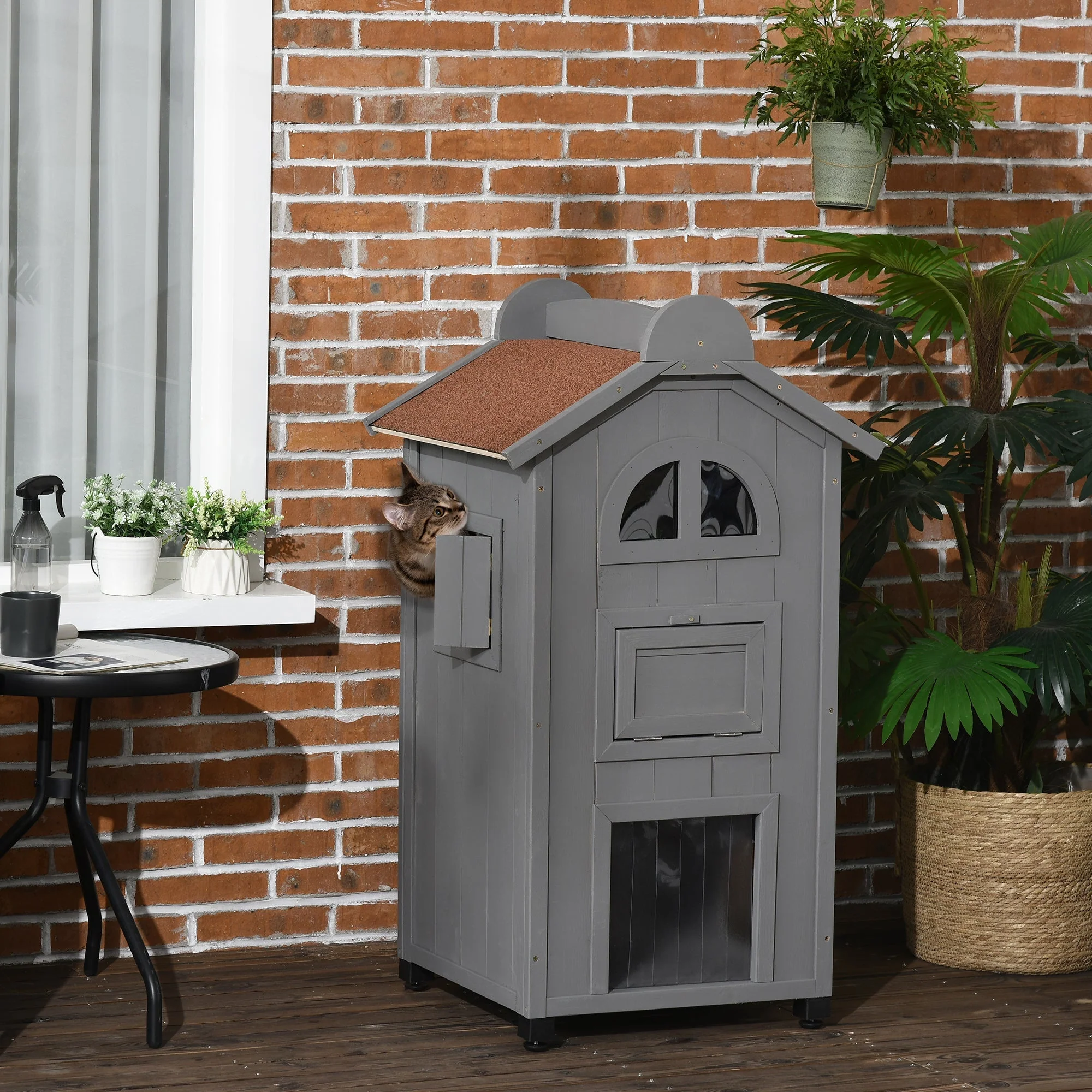 Cat House for Cat Bed or Litter Box, Fir Wood, Grey - Image 2