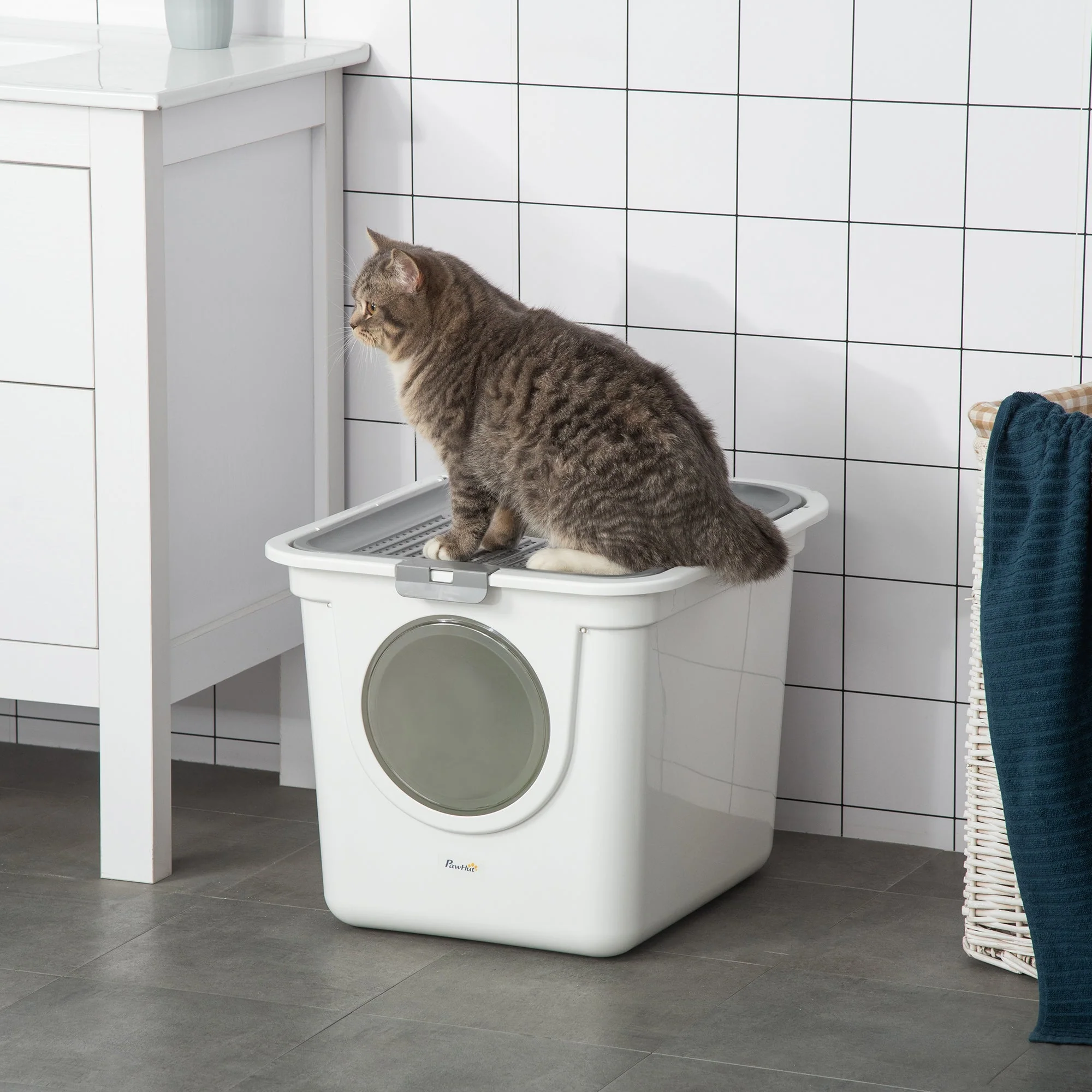 Cat Litter Box Indoor, Lid & Scoop, Grey+White Plastic