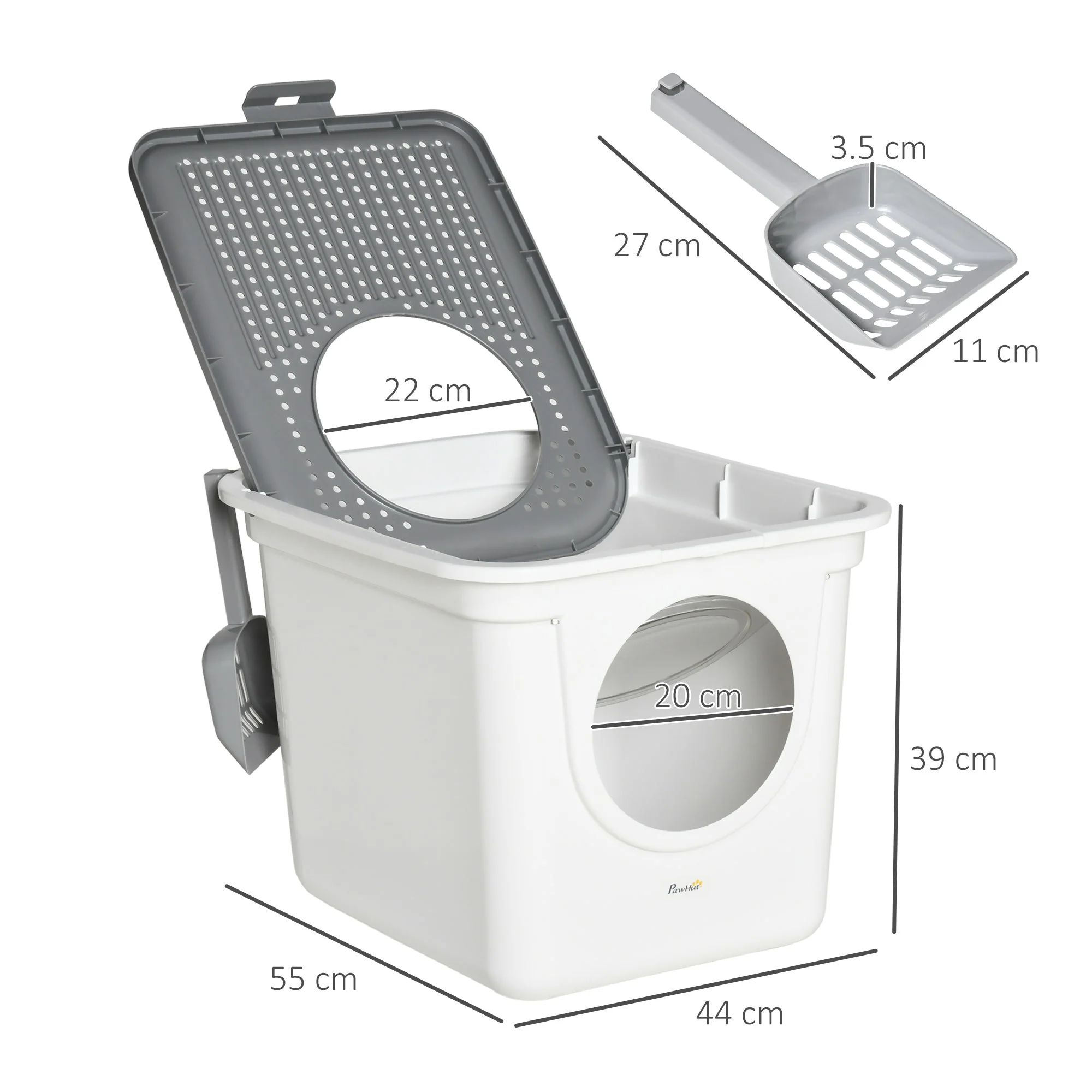 Cat Litter Box Indoor, Lid & Scoop, Grey+White Plastic - Image 3