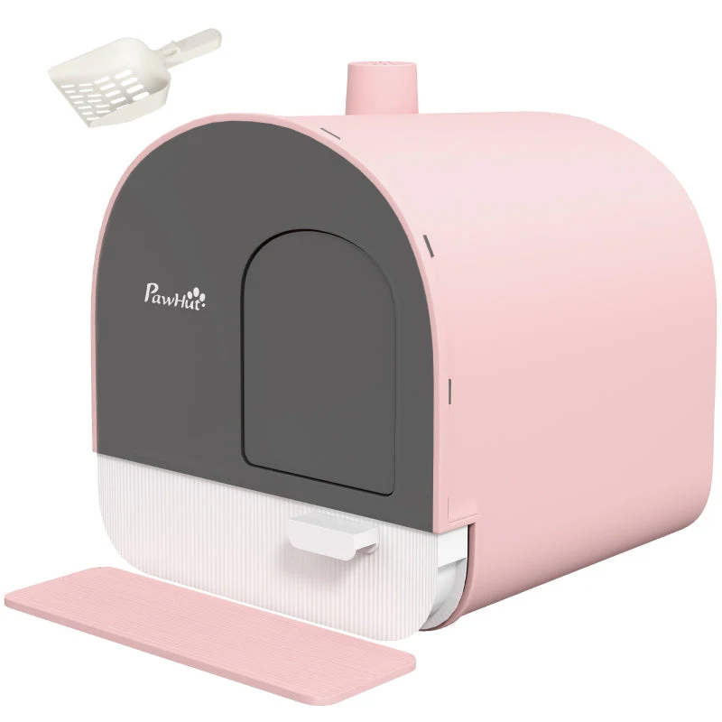Cat Litter Box, Lid, Scoop, Dirt Trap Mat, Plastic, Pink/Black - Image 2