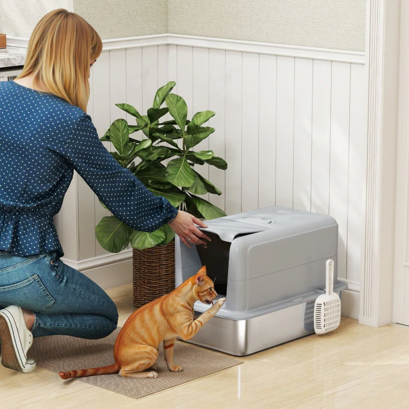 Cat Litter Box, Tray, Filter, Scoop, Grey/Silver