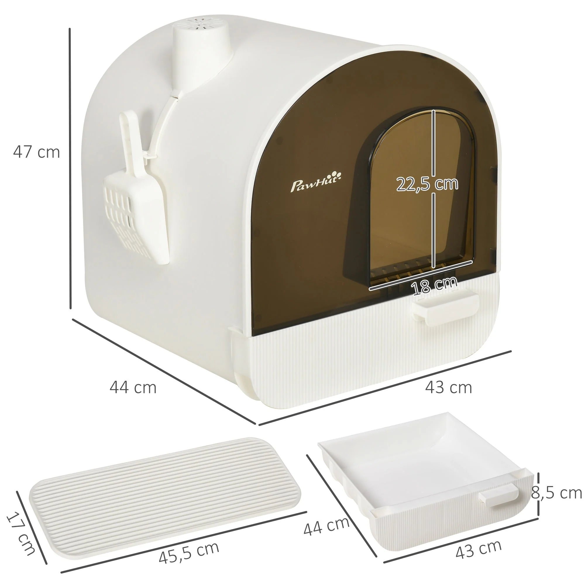 Cat Litter Box with Hood, Litter Mat, Plastic, White - Image 3