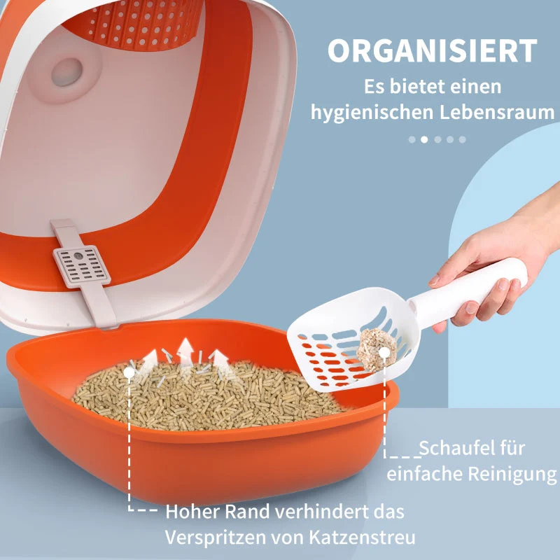 Cat Litter Box, with Lid and Scoop, White/Orange - Image 4