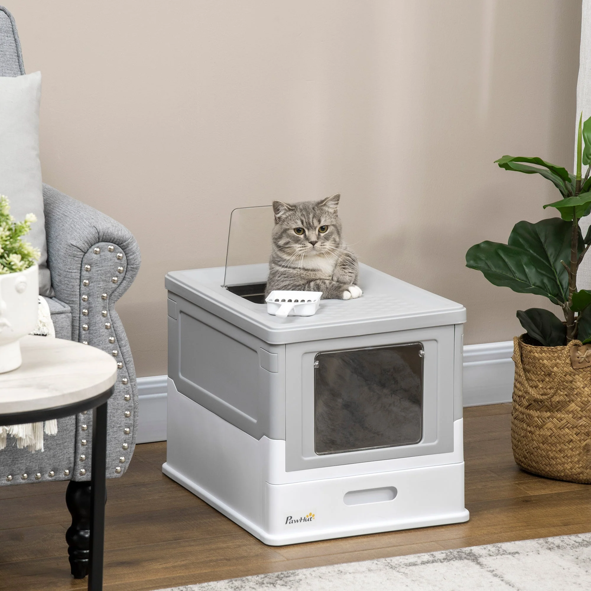 Cat Litter Box with Lid, Scoop, Deodorizing Box, Plastic
