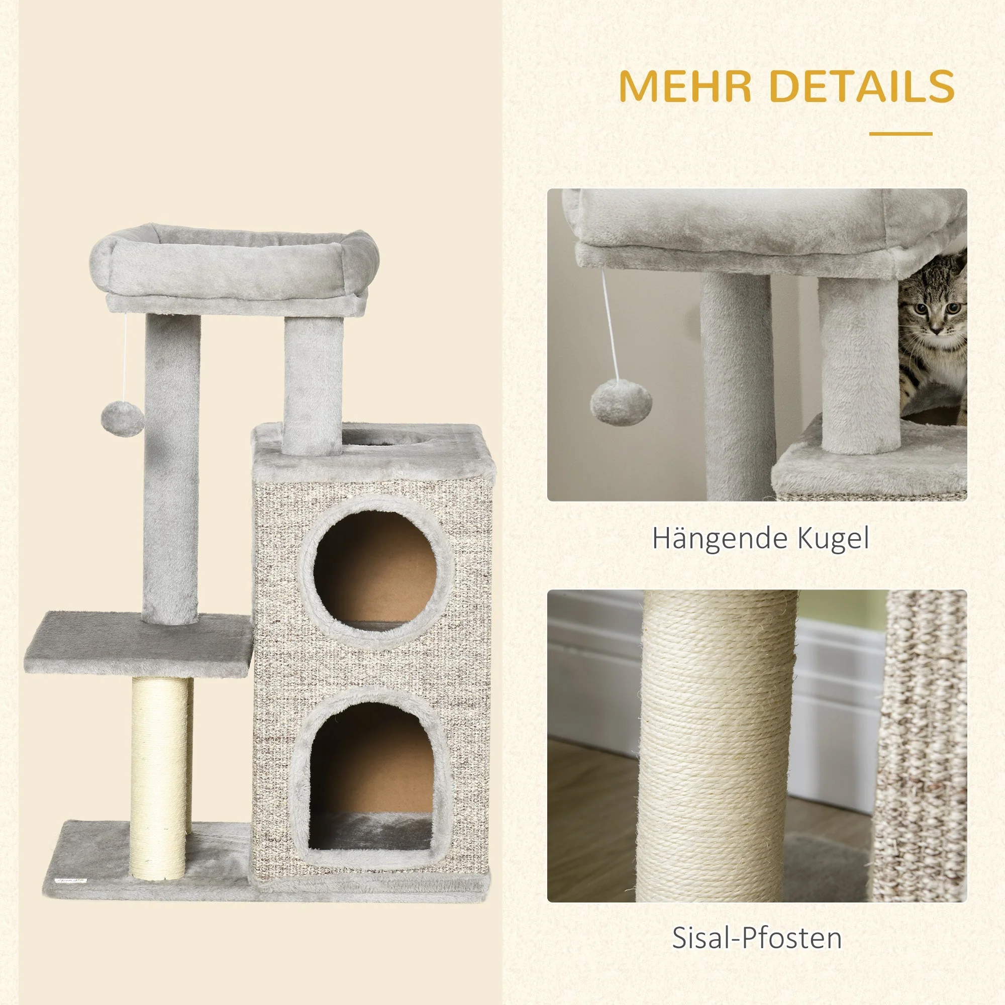 Cat Scratching Post, 2 Cat Caves, Sisal Column, Play Platform, Light Grey - Image 6
