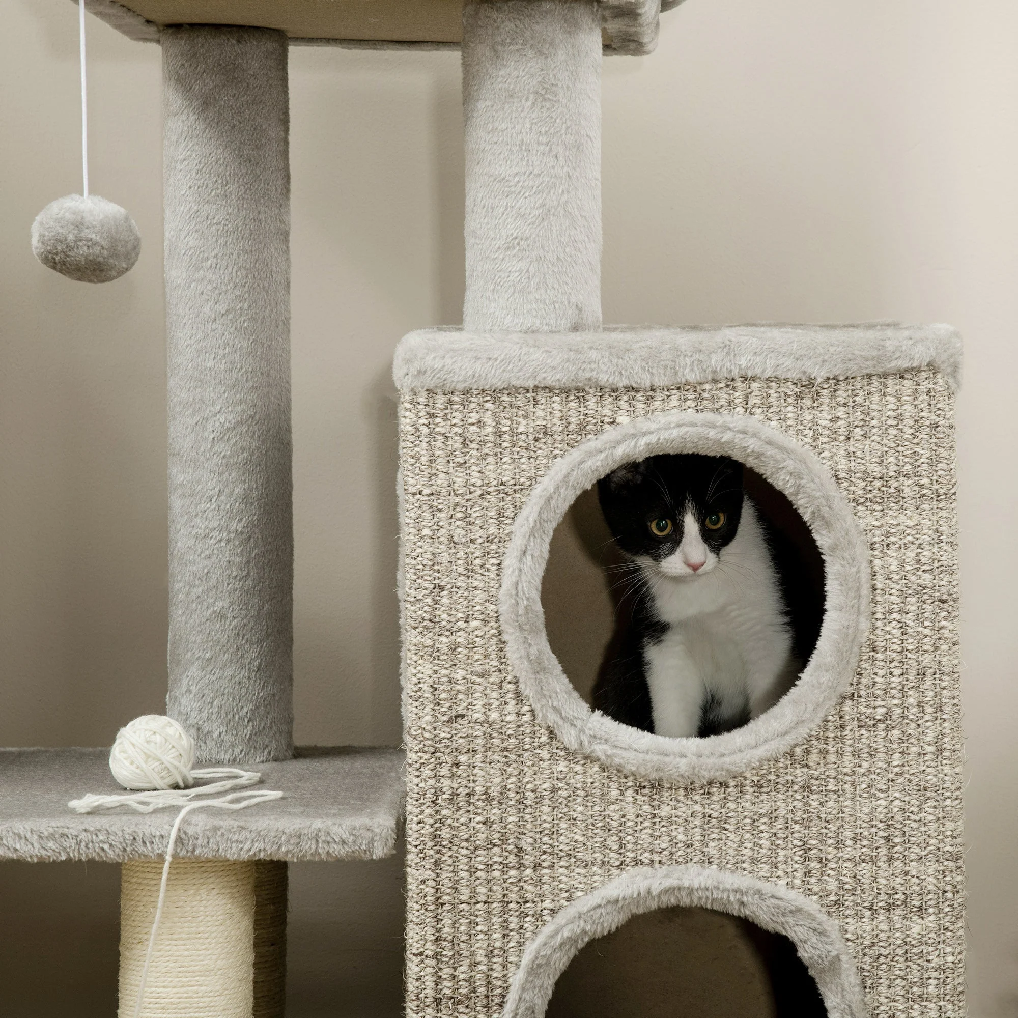 Cat Scratching Post, 2 Cat Caves, Sisal Column, Play Platform, Light Grey - Image 8