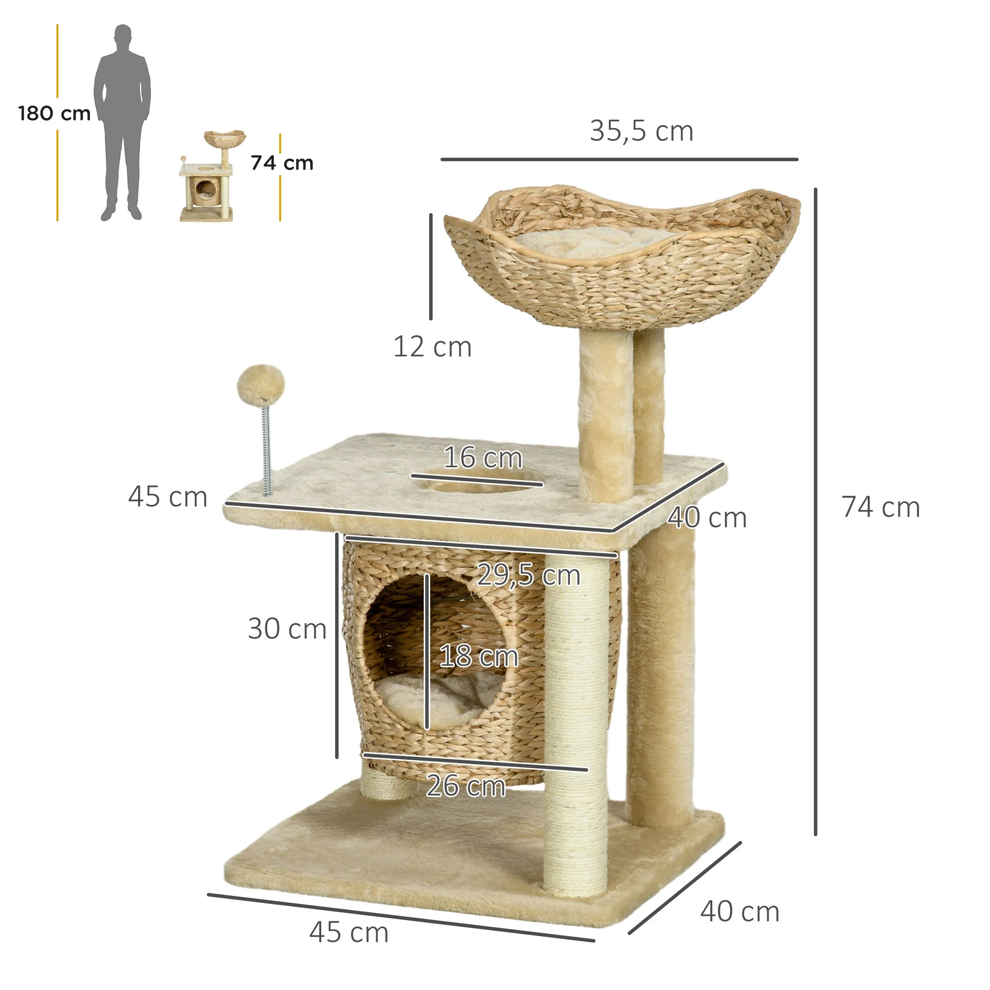 Cat Scratching Post, 74 cm Cat Tree with Cave, Beige - Image 3
