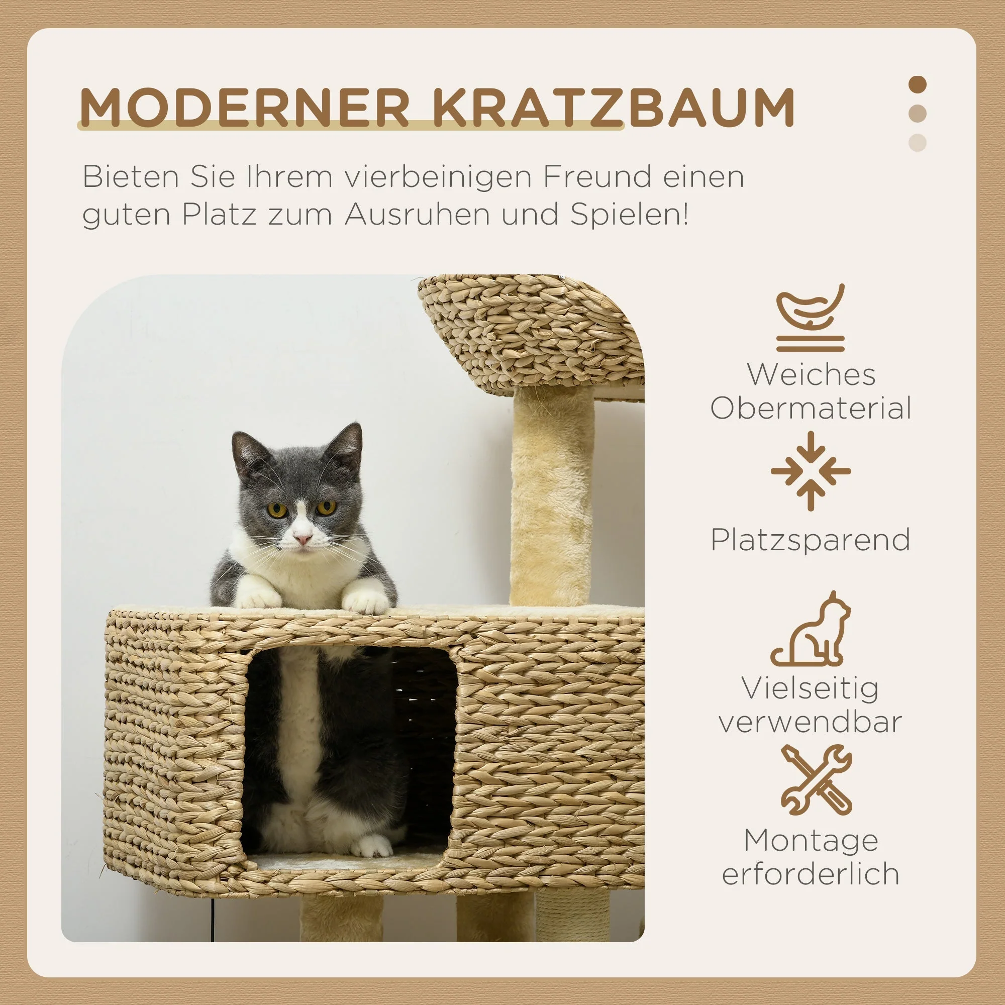 Cat Scratching Post, 98cm 2 Resting Areas Play Ball, Sisal Beige - Image 4