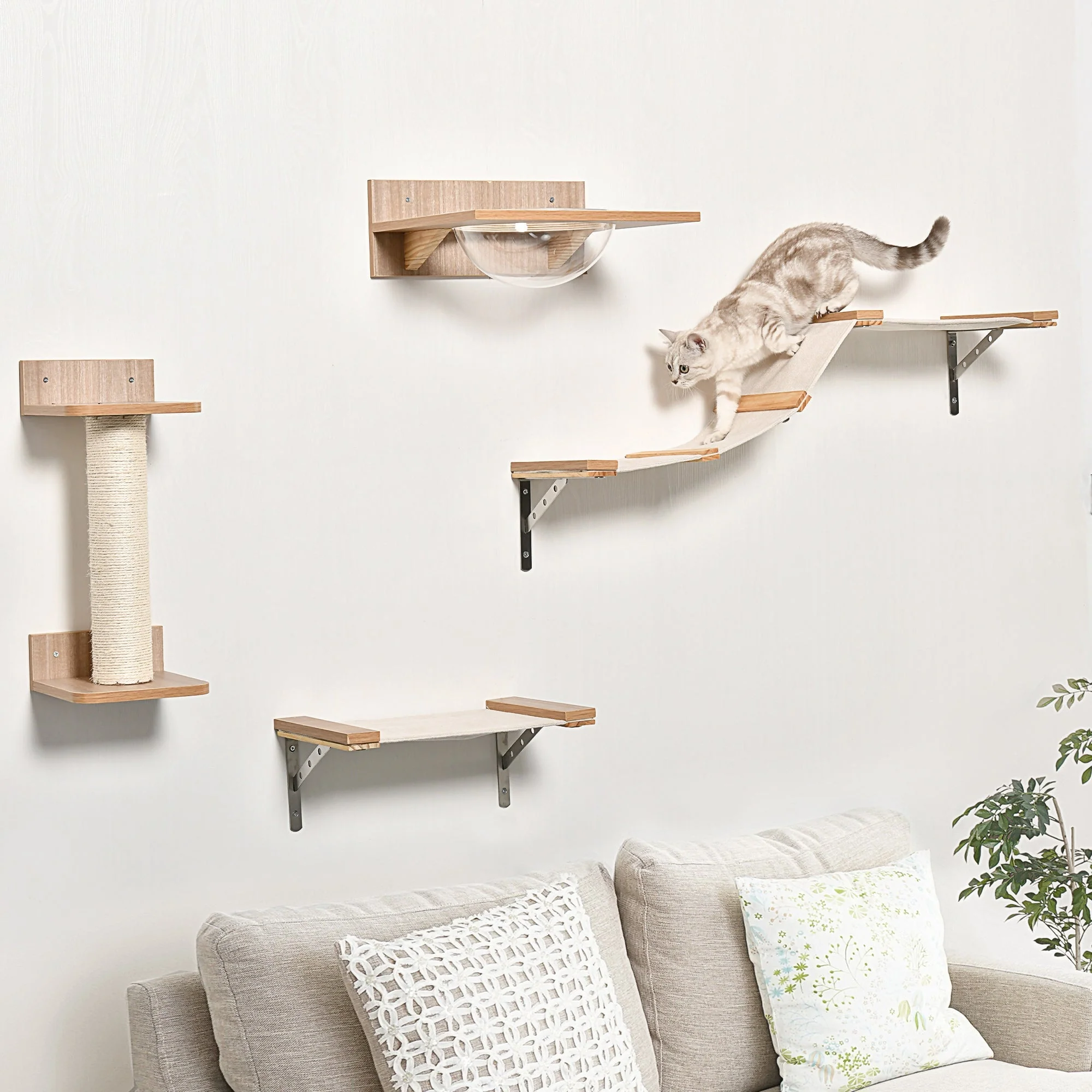 Cat Set with Scratching Post, Stairs & Hammock, Light Brown, Sisal, Acrylic, Pine - Image 2